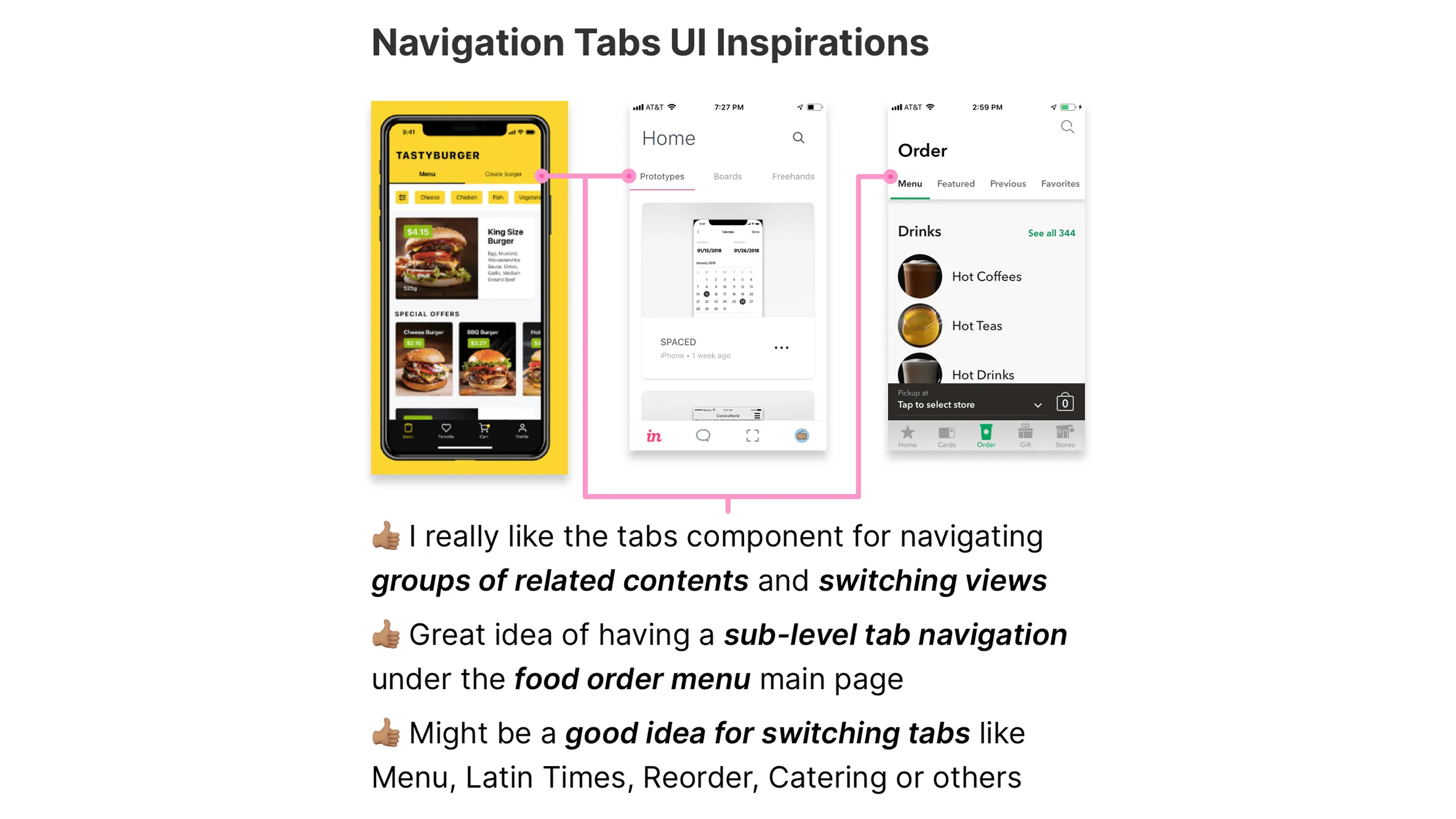 Screenshot of three UI screens with navigation tabs.