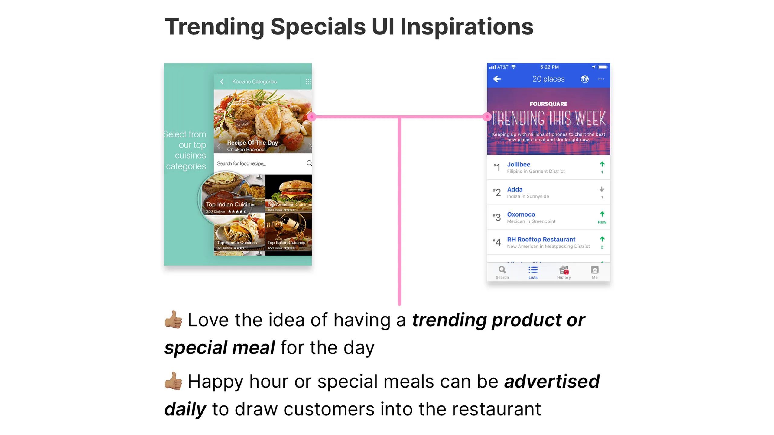 Screenshot of two screens with trending specials UI designs.