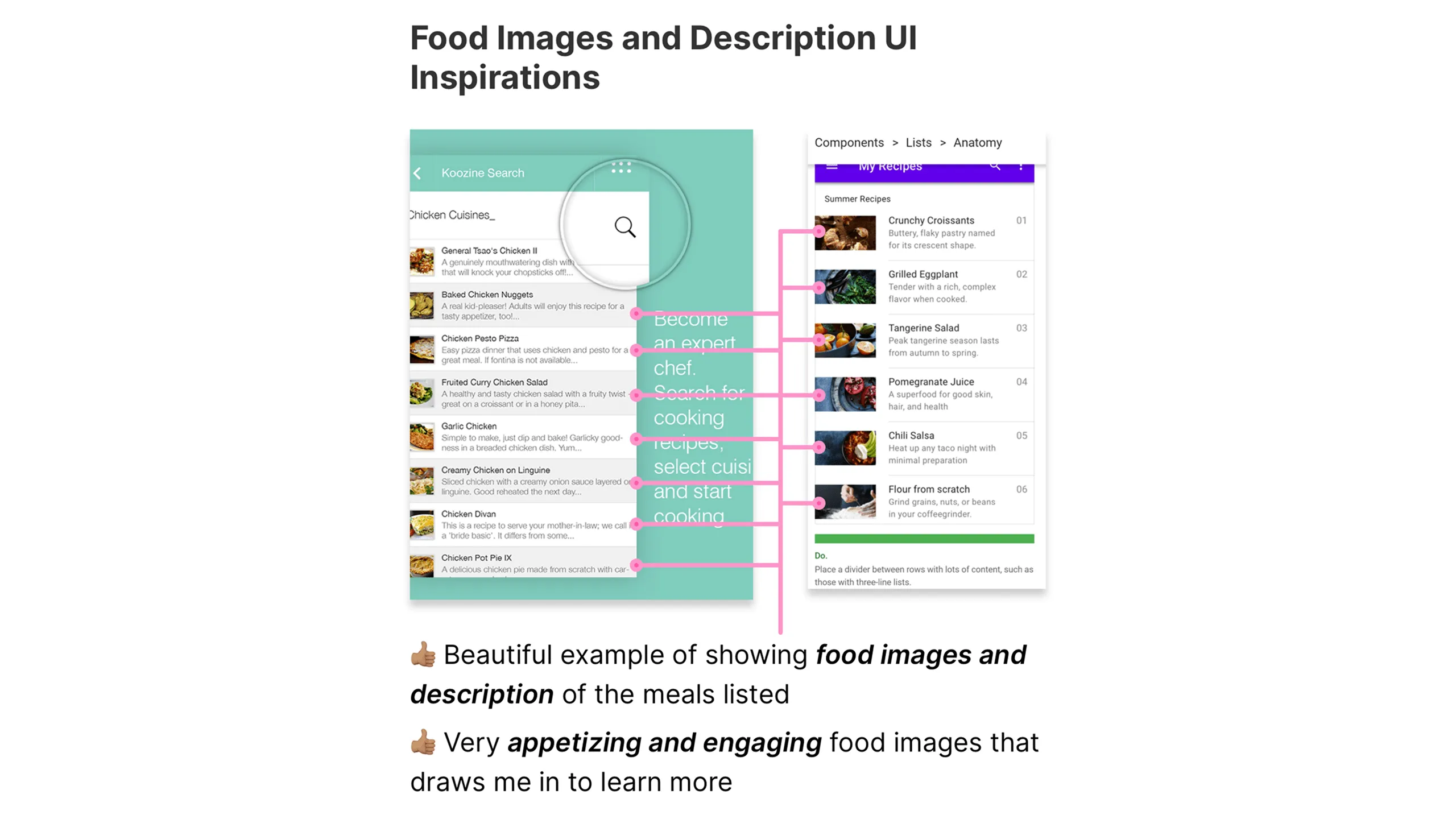 Screenshot of food images and descriptions in engaging UI layouts.