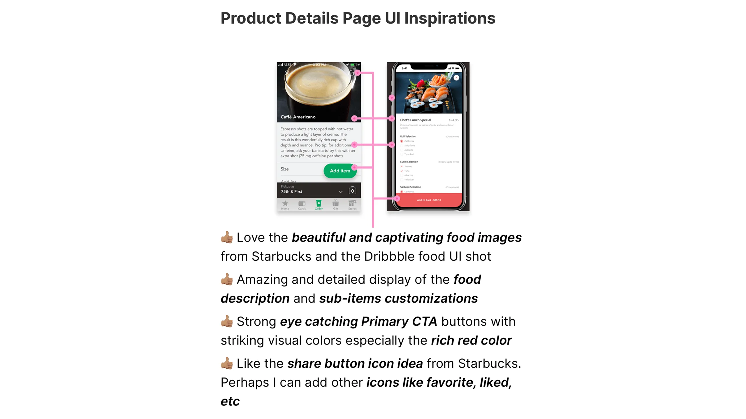 Screenshot of product detail pages from Starbucks and a food UI design.