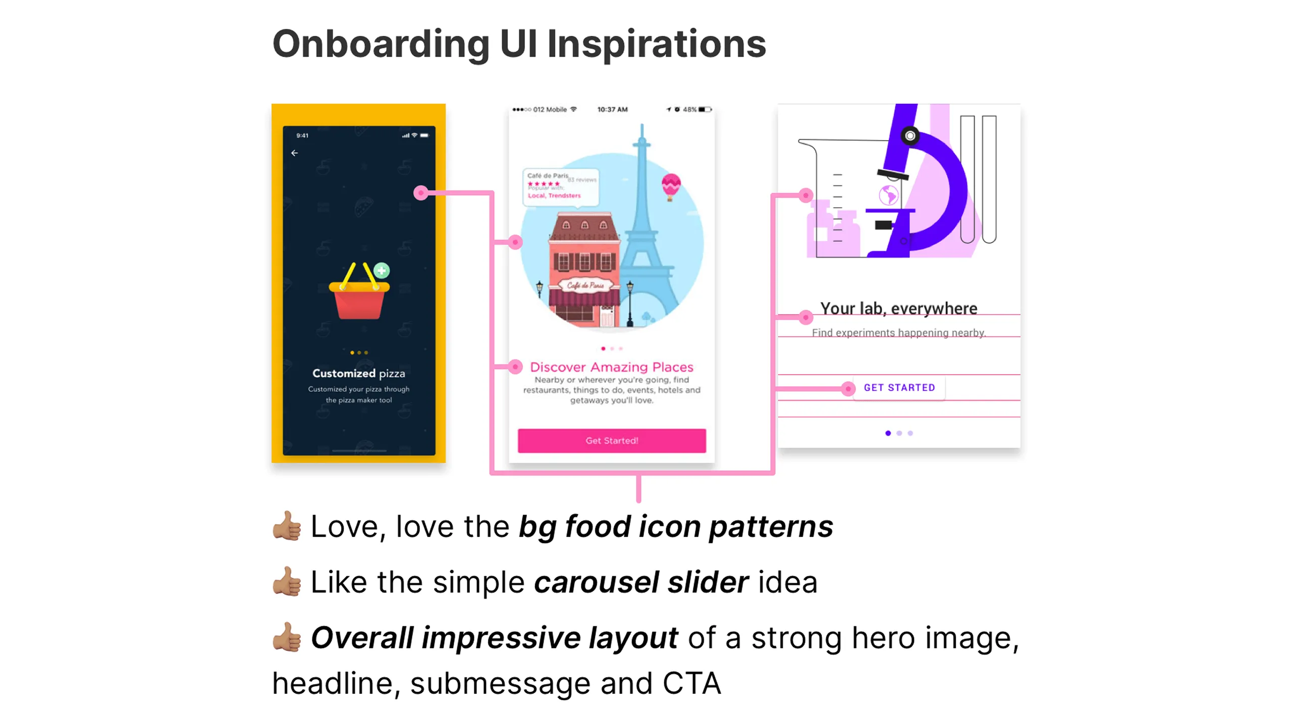Screenshot of onboarding UI designs with hero images and sliders.
