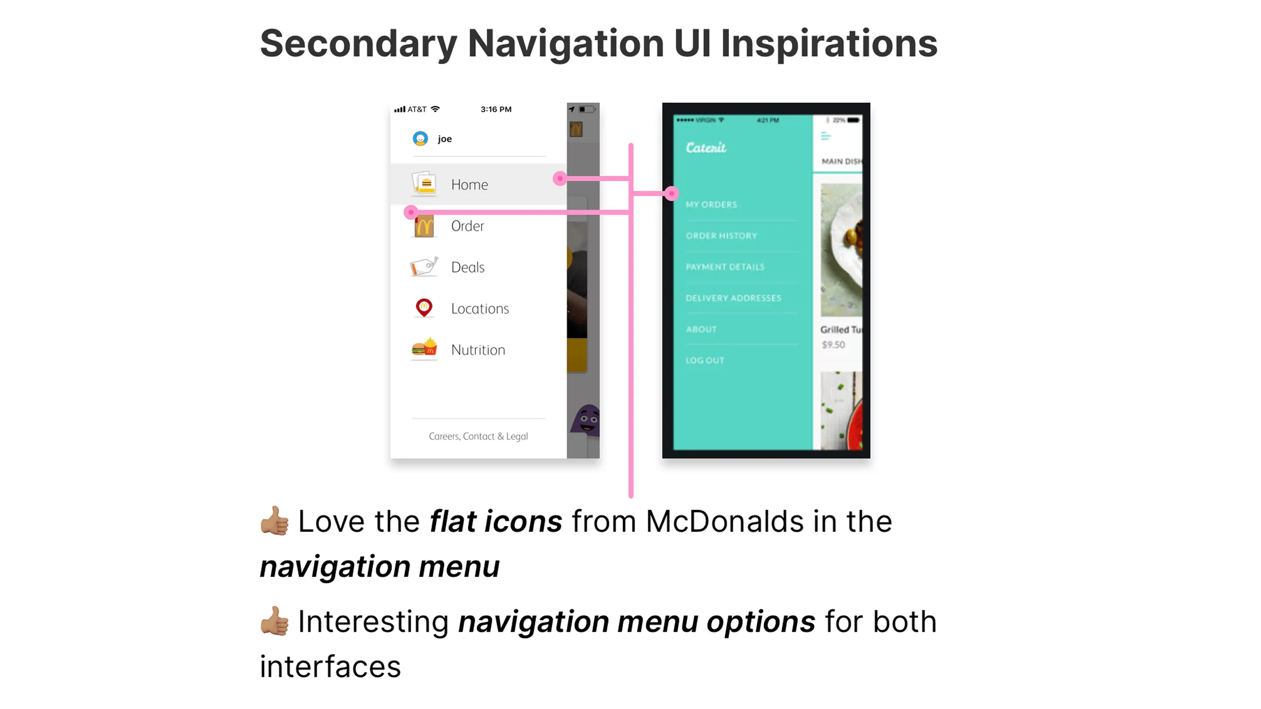 Screenshot of secondary navigation UI with hamburger menu examples.