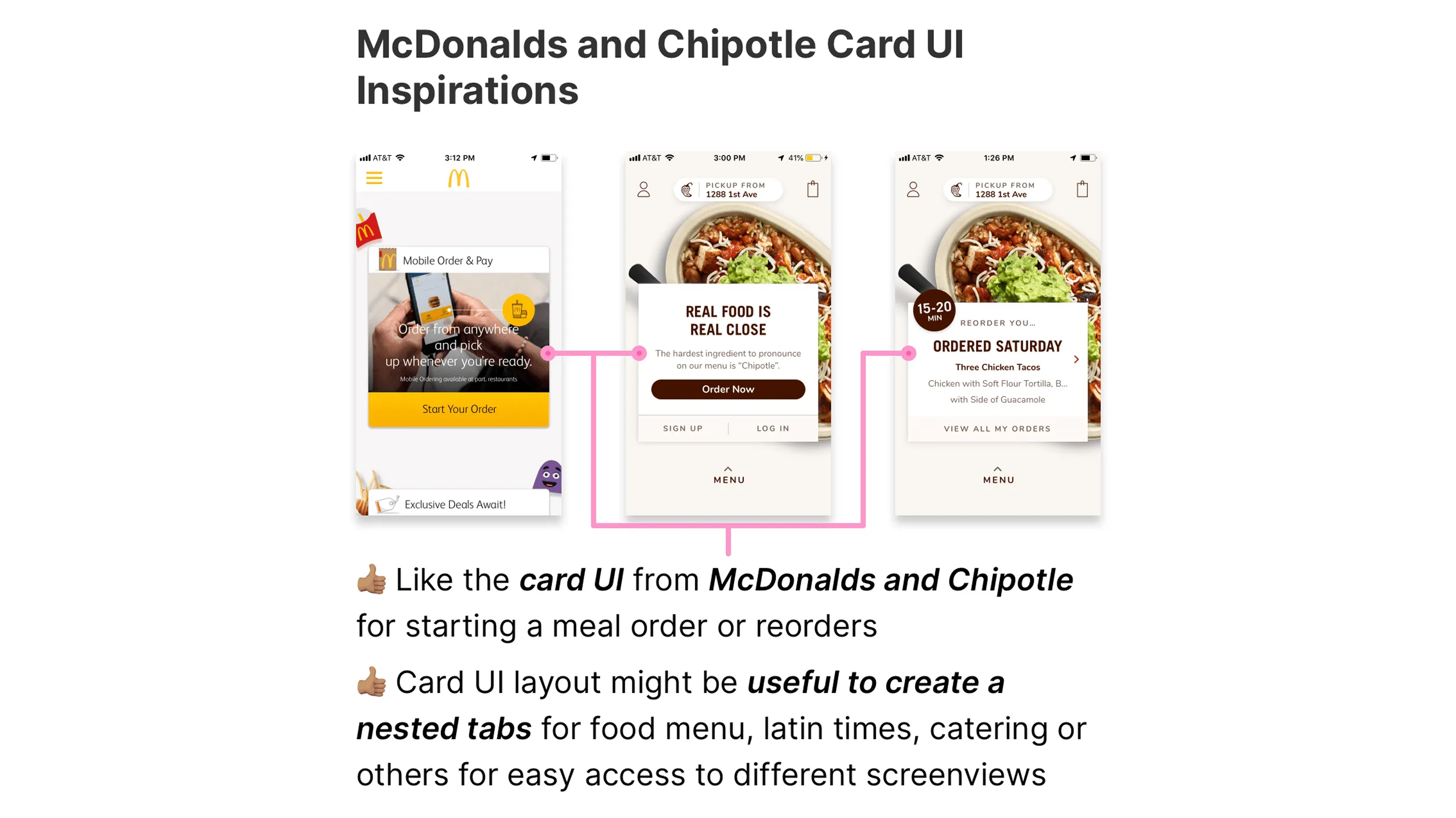 Screenshot of McDonald’s and Chipotle card-style UIs.