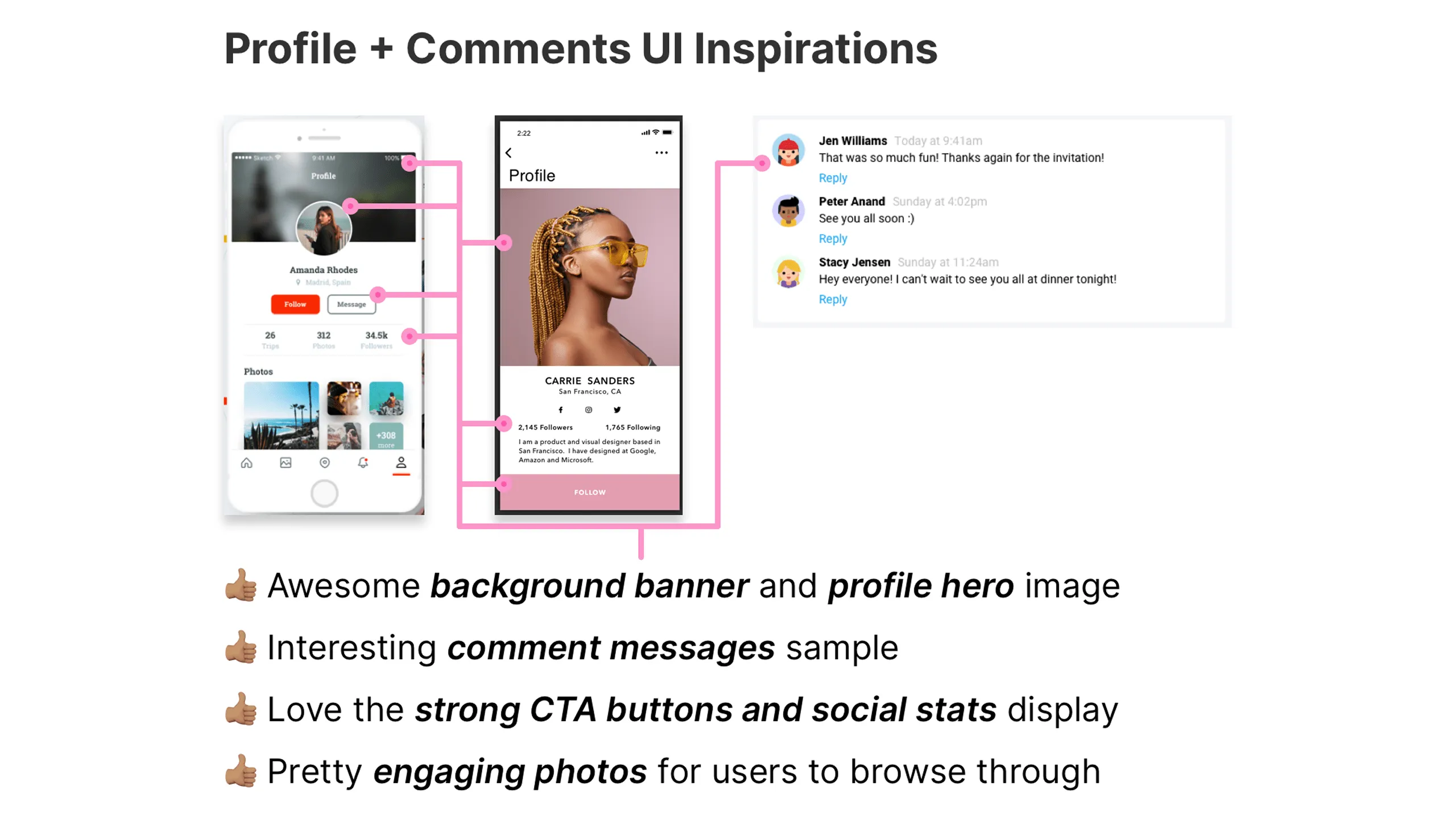 Screenshot of profile and comments UI with user photos and CTAs.