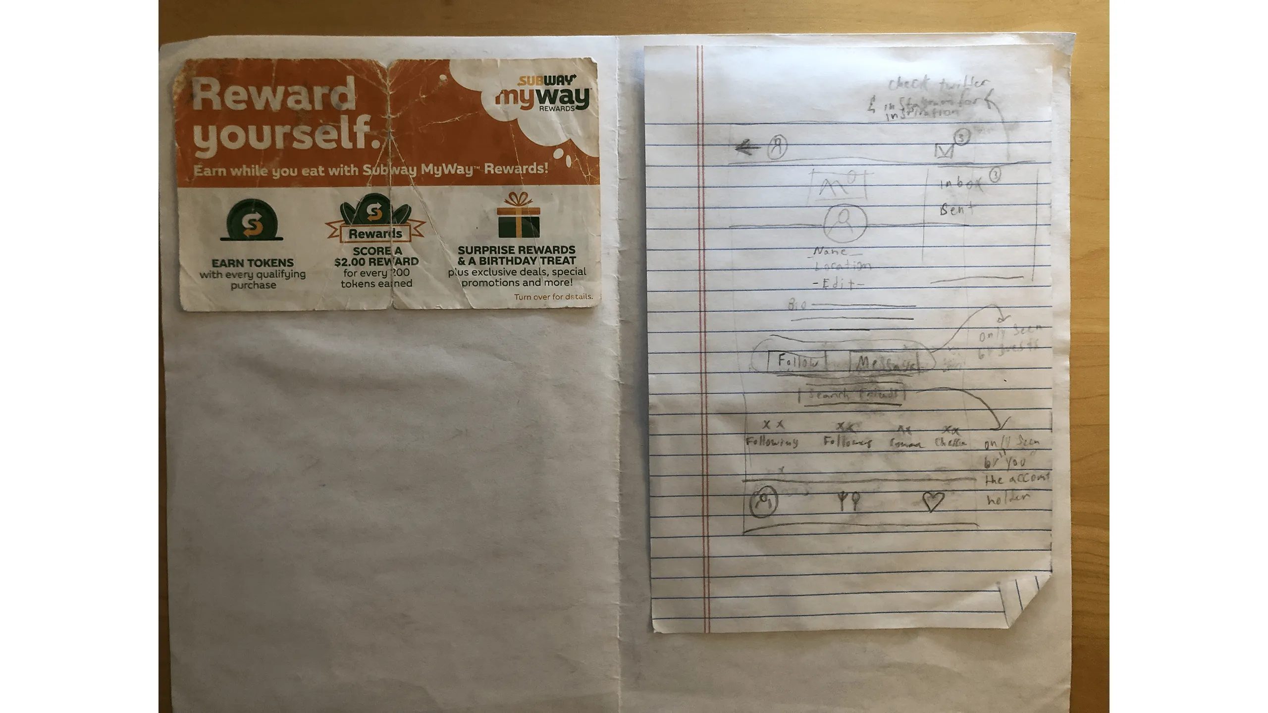 Screenshot of social profile sketch and photo of a Subway Rewards paper.