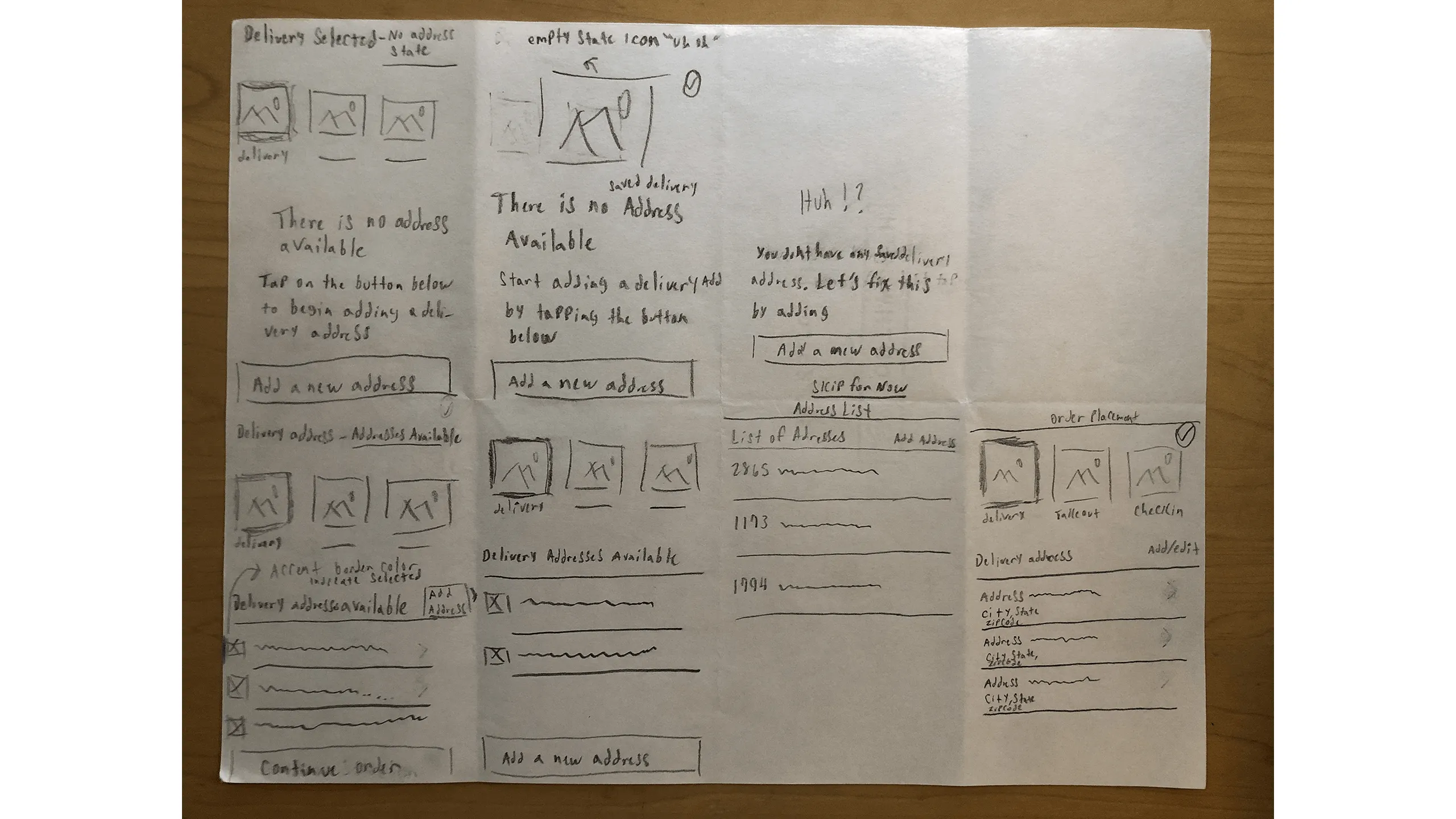 Screenshot of delivery option screen sketches showing UI states for address entry.