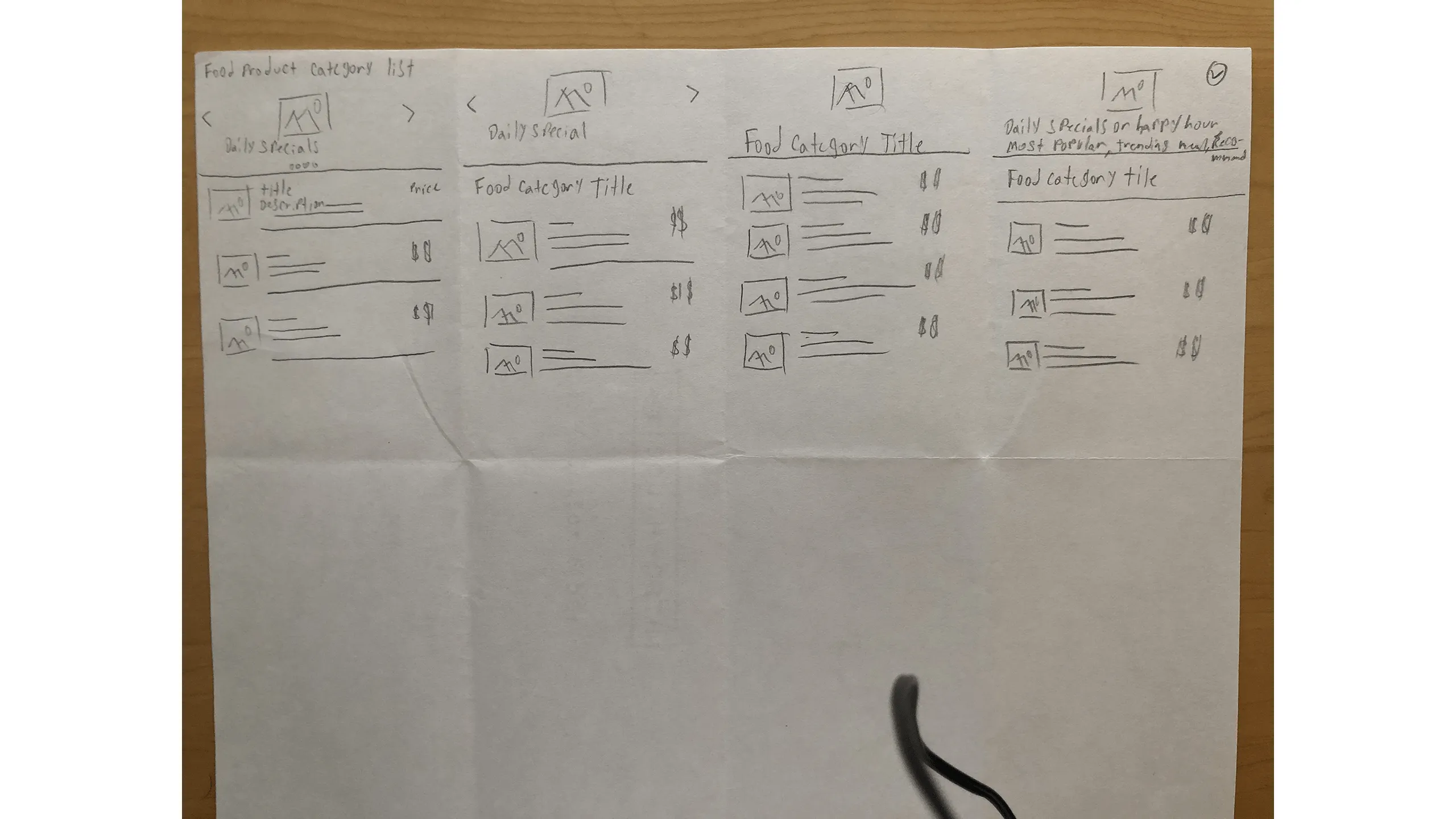 Screenshot of food menu screen sketches in list view with food images and descriptions.