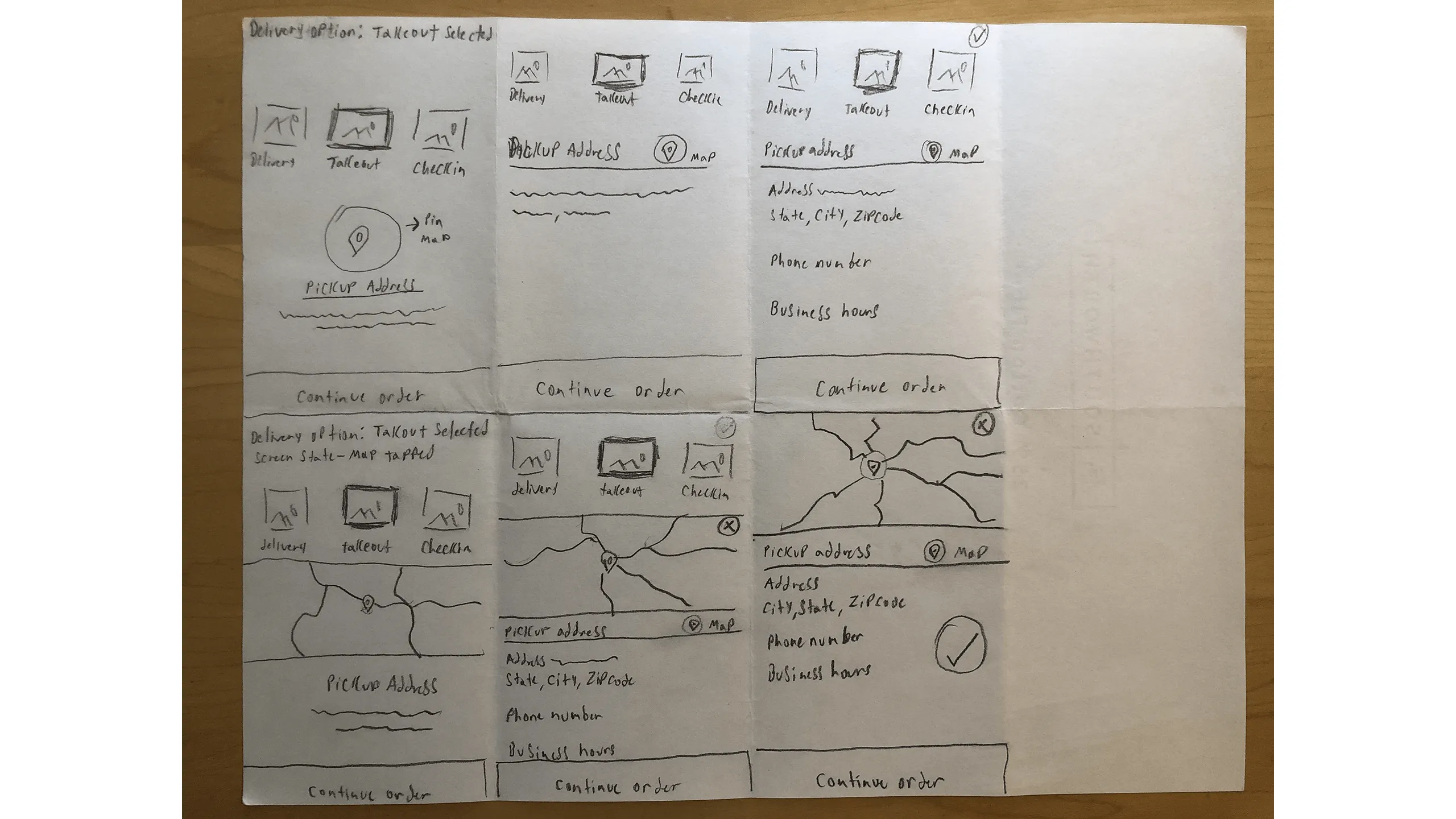 Screenshot of takeout option screen sketches with map and location pin.