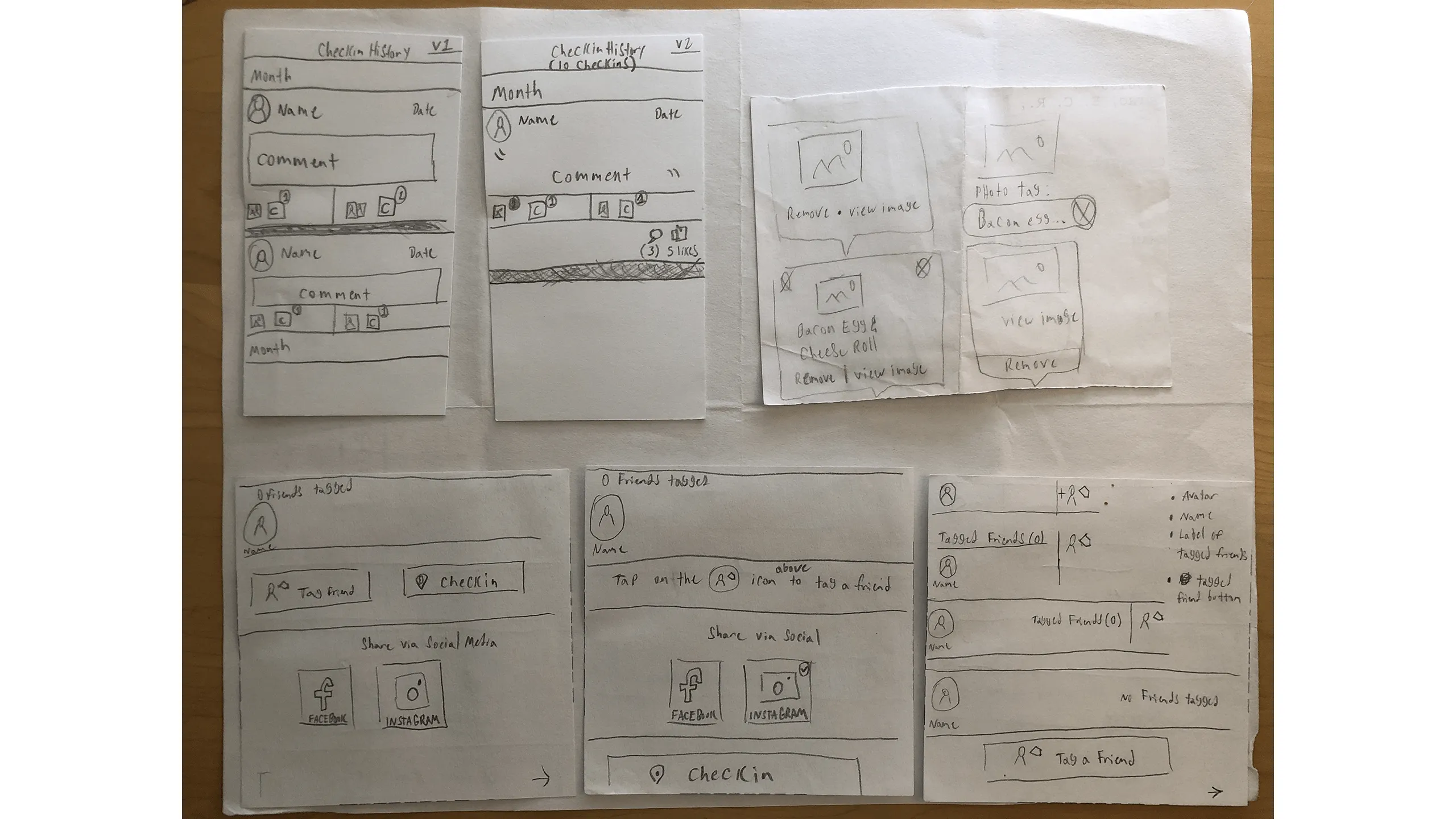 Screenshot of check-in history screen sketches with various UI layouts.