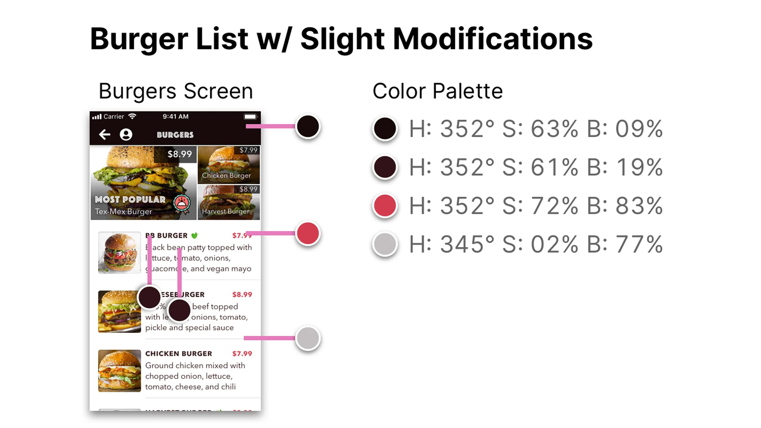 Screenshot of burger screen annotated with HSB values for each UI color.