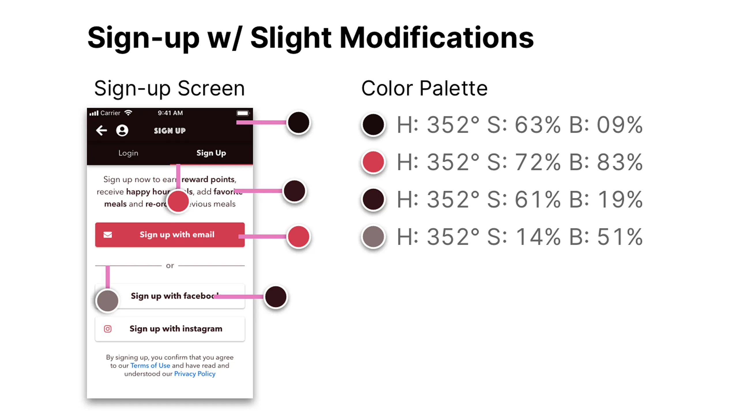 Screenshot of sign-up screen annotated with HSB values for UI elements.