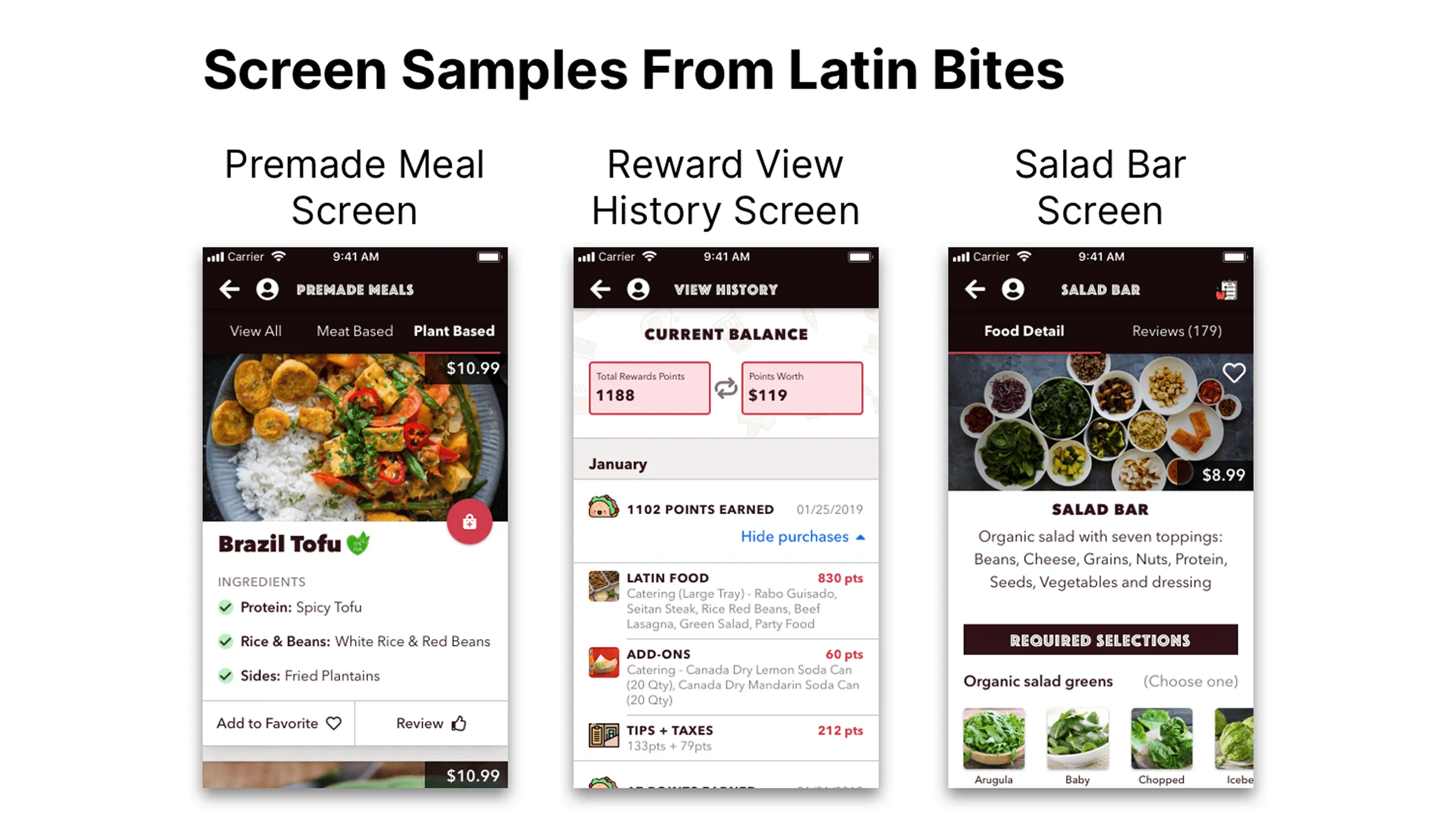 Screenshot of three screens (premade meal, rewards, salad bar) using monochromatic color palette.