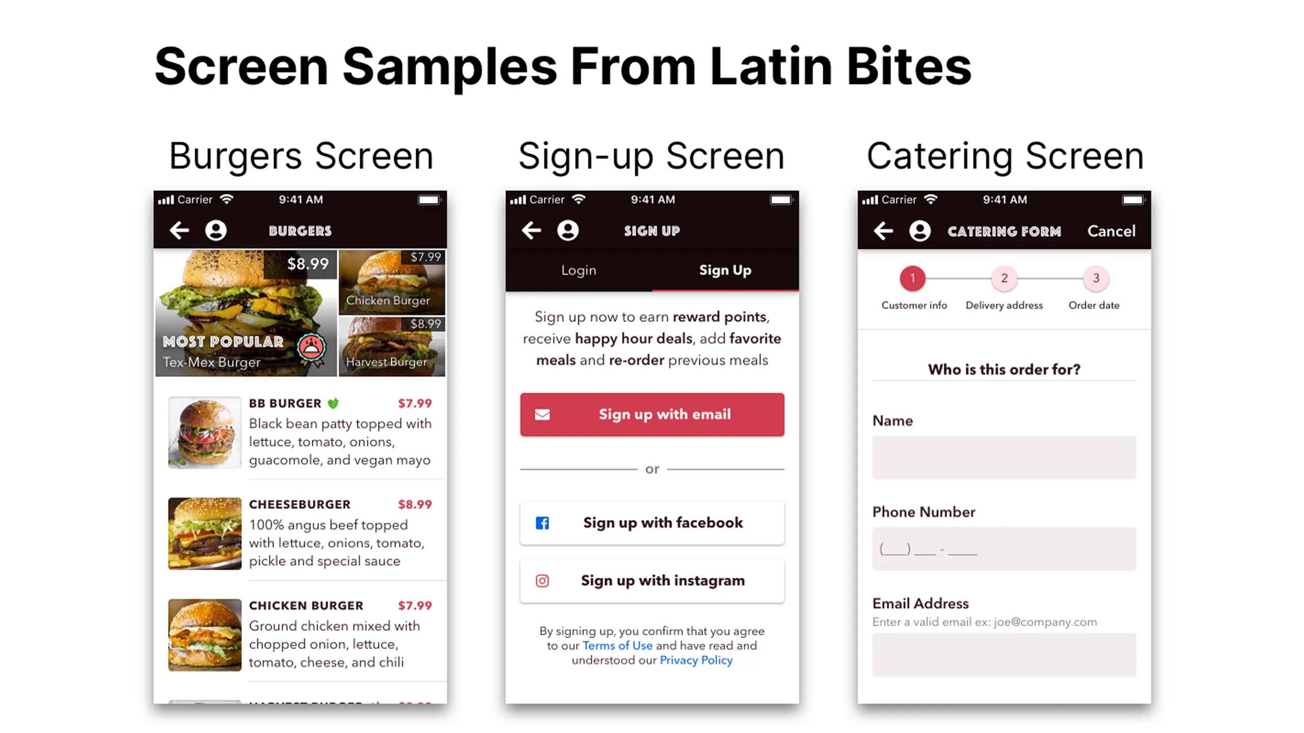 Screenshot of three Latin Bites screens (burger, sign-up, catering) using the monochromatic palette.