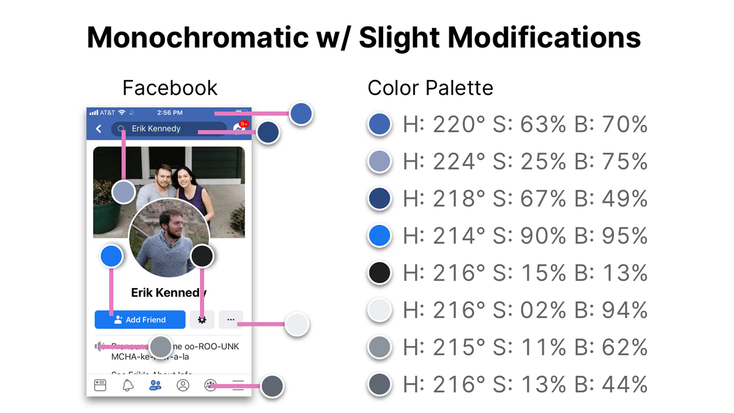 Screenshot of Facebook app screen annotated with monochromatic color usage and HSB values.