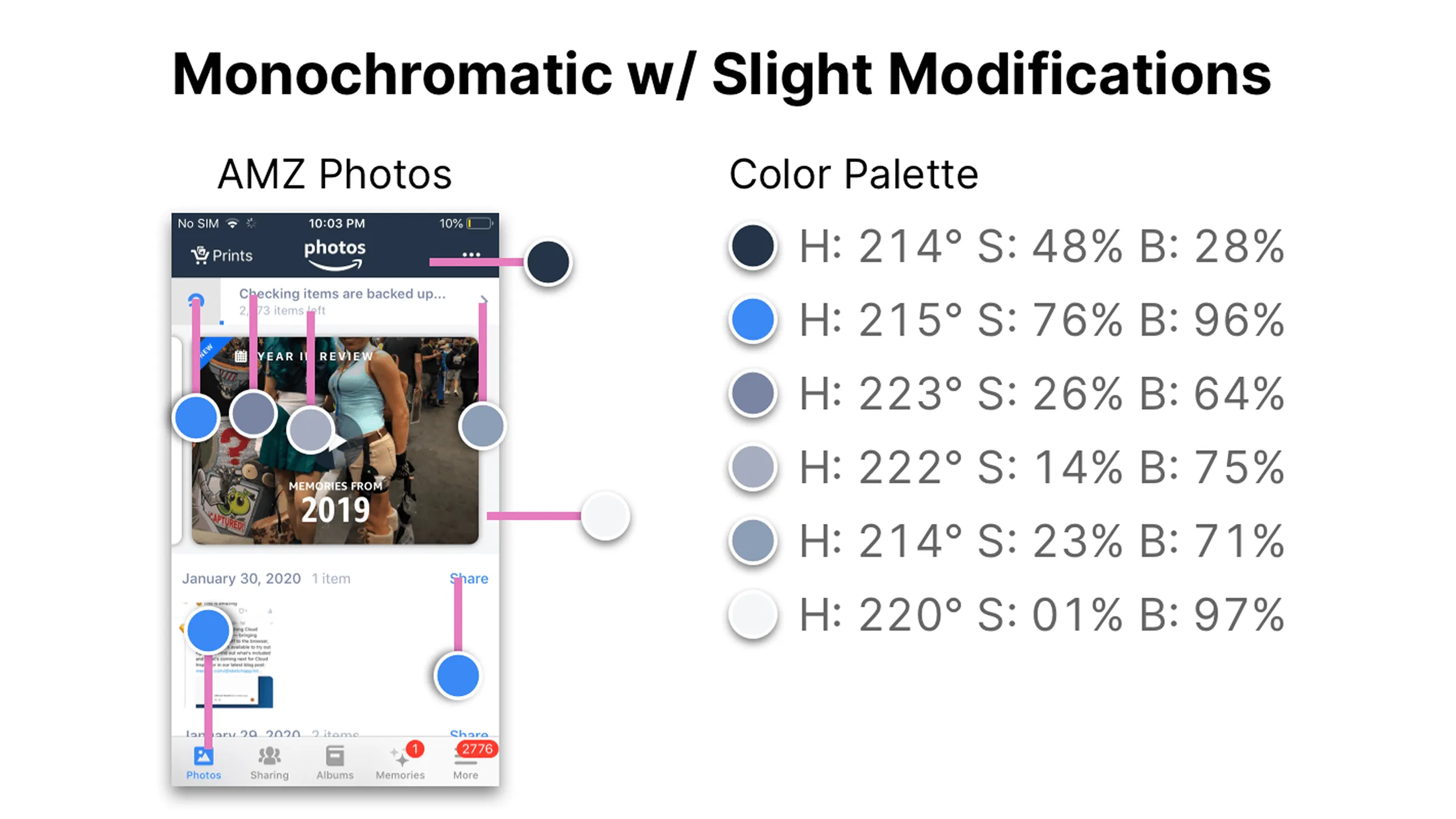 Screenshot of Amazon Photos app screen annotated with monochromatic color usage and HSB values.