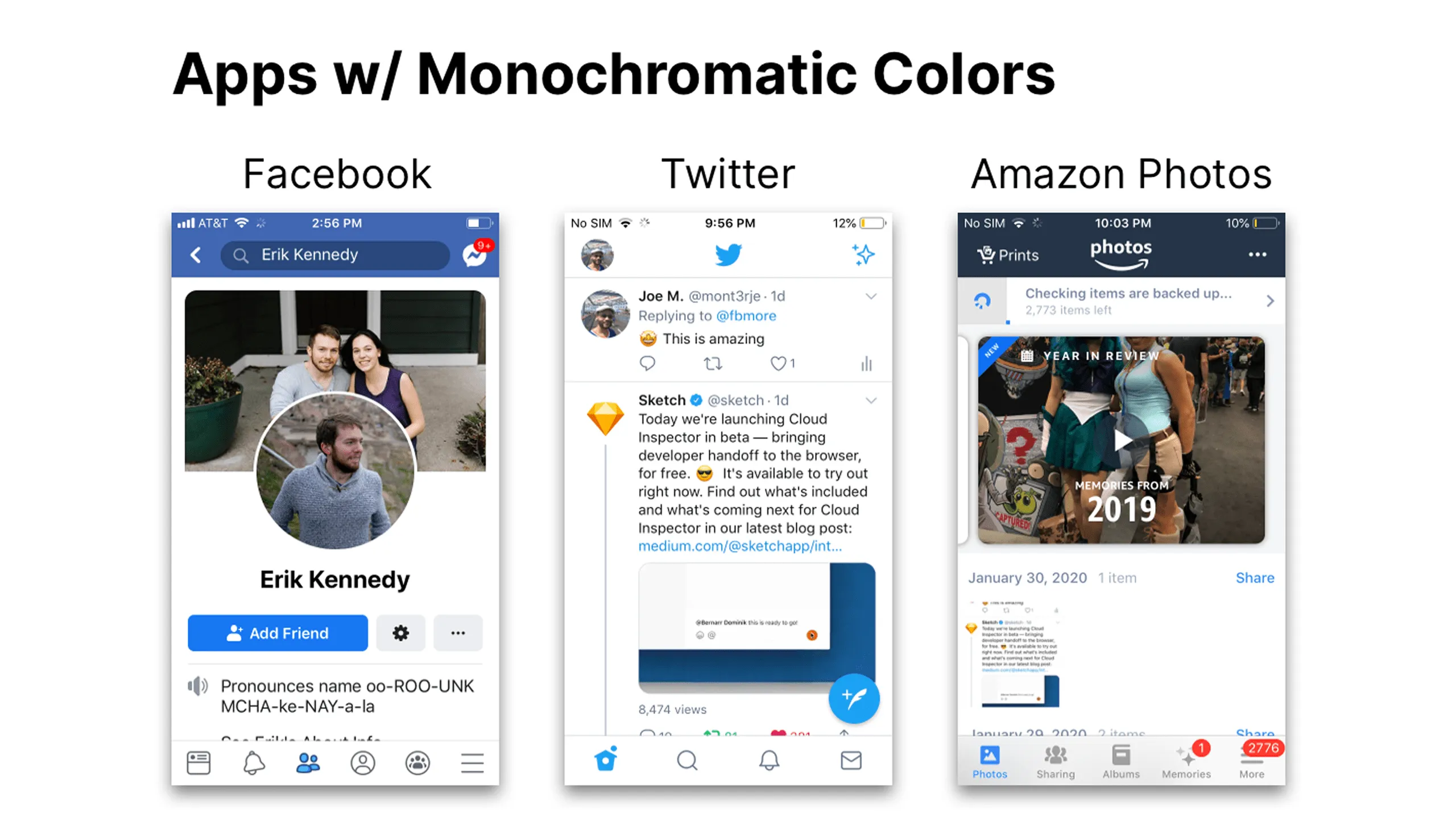 Screenshot showing mobile screens from Facebook, Twitter, and Amazon Photos apps using their own monochromatic palettes.