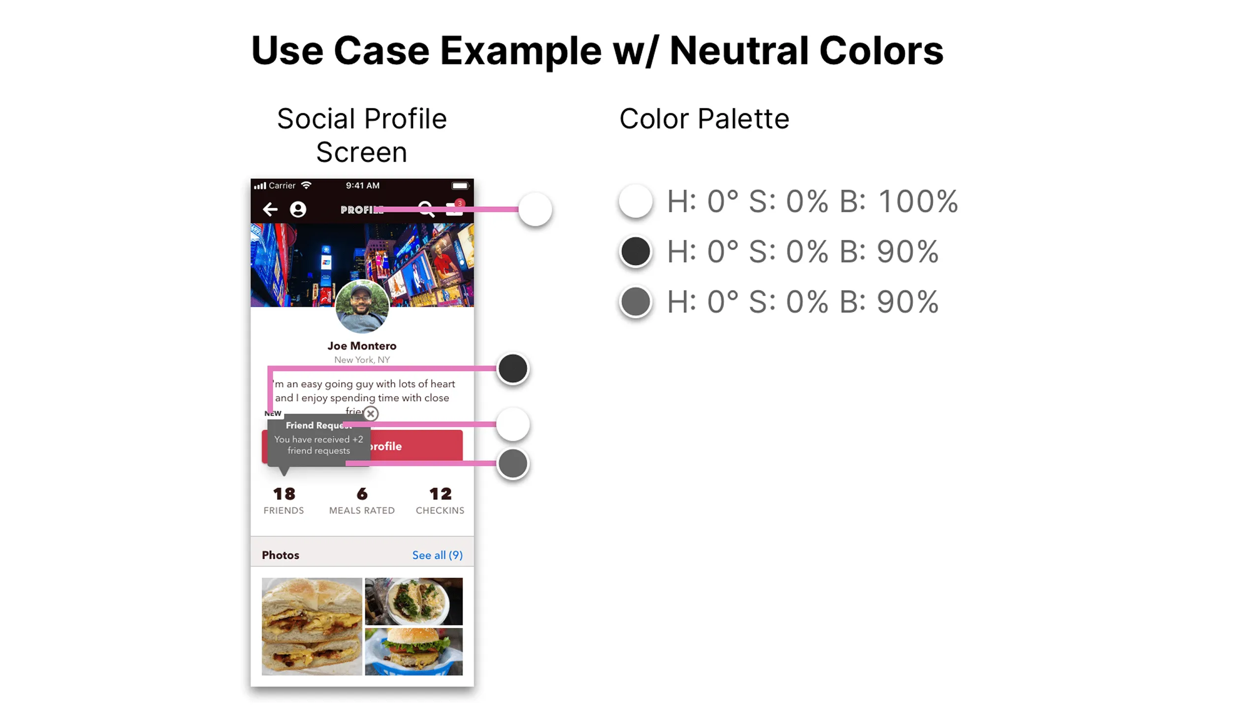 Screenshot of Social Profile screen annotated with grayscale palette and HSB values.