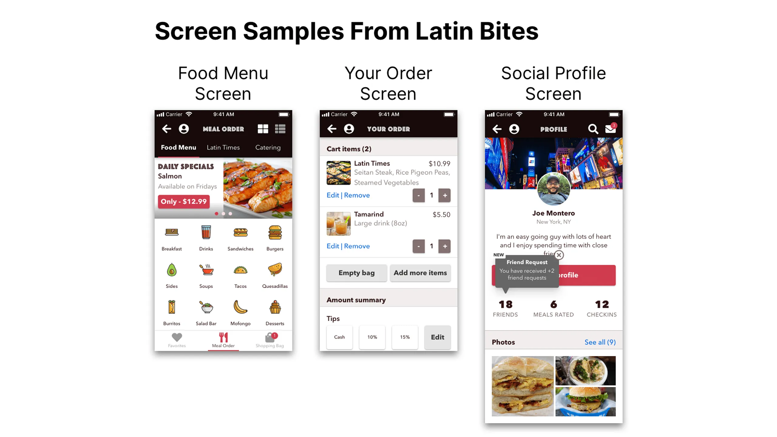 Screenshot of three Latin Bites screens (Food Menu, Your Order, Social Profile) using grayscale palette.