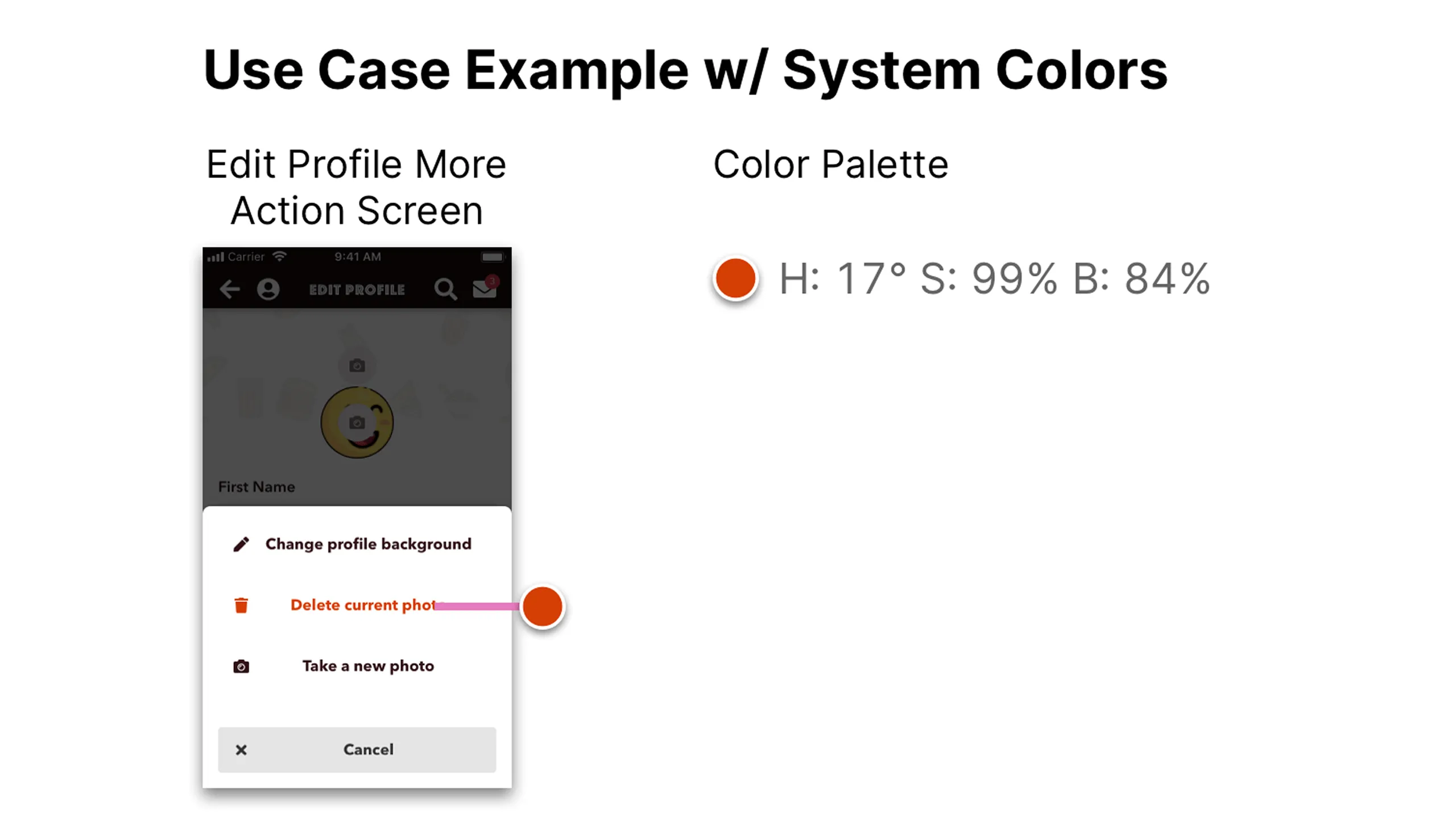 Screenshot of Edit Profile More Action screen with HSB annotations.