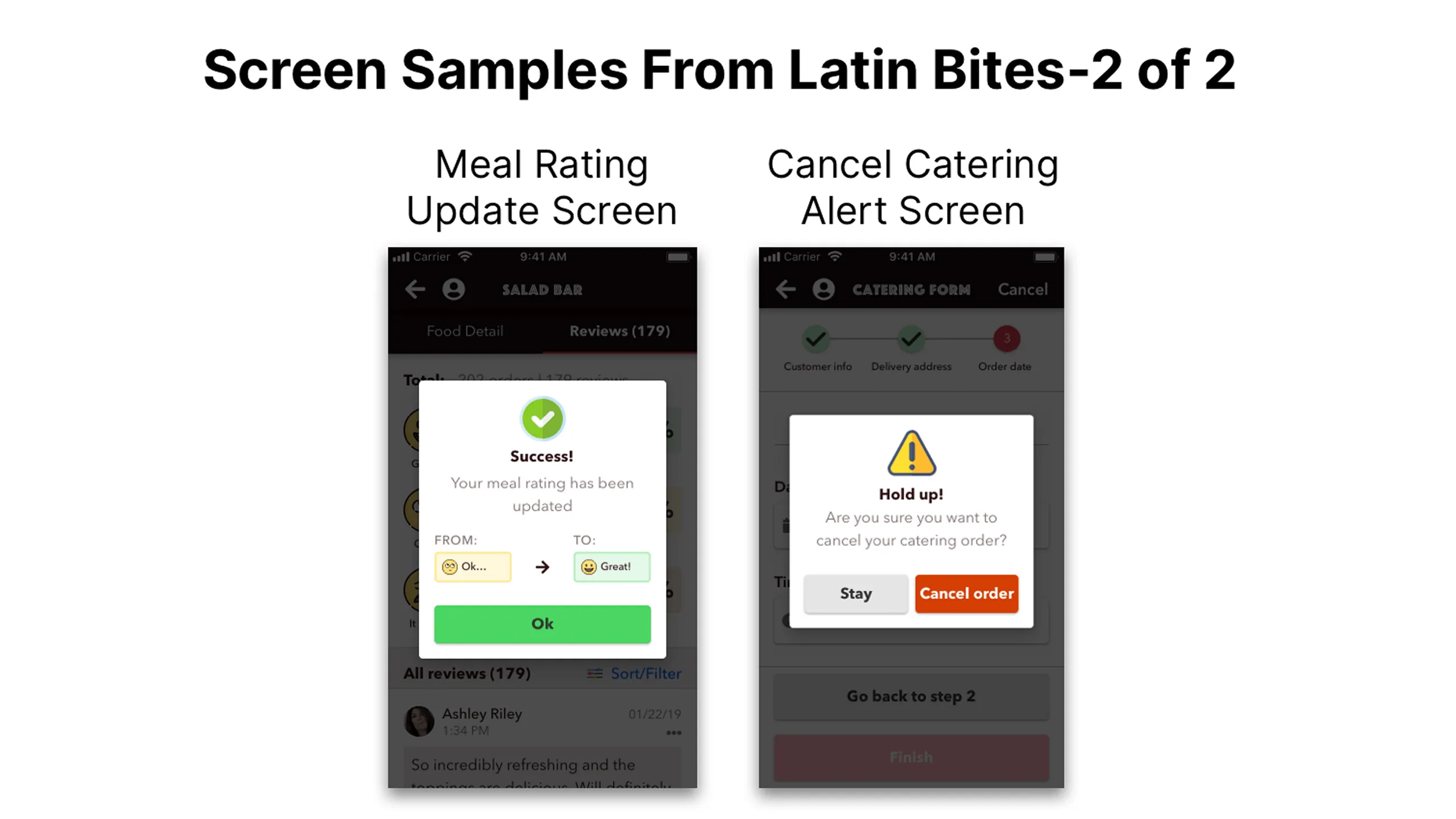 Screenshot of Meal Rating Update and Cancel Catering Alert screens using semantic color palette.