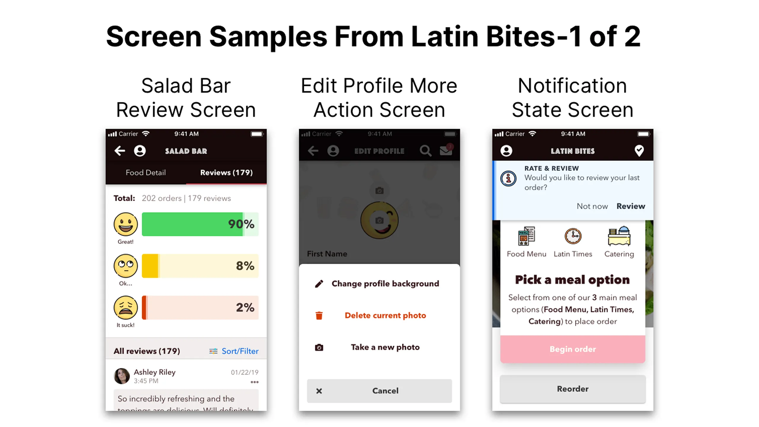 Screenshot of three Latin Bites screens (Salad Bar, Edit Profile, Notification) using semantic color palette.
