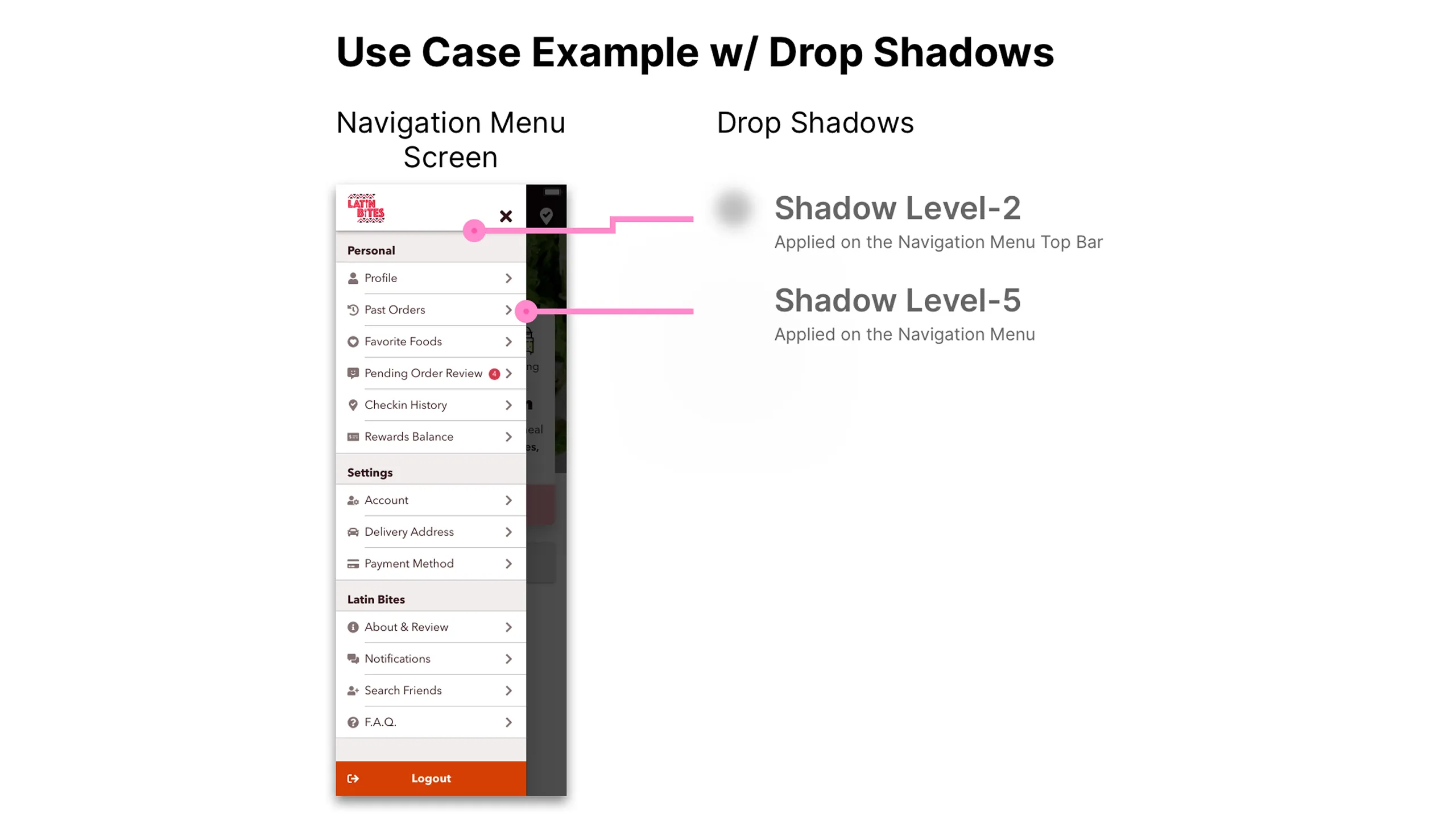 Screenshot of Navigation Menu screen annotated with shadow layers.