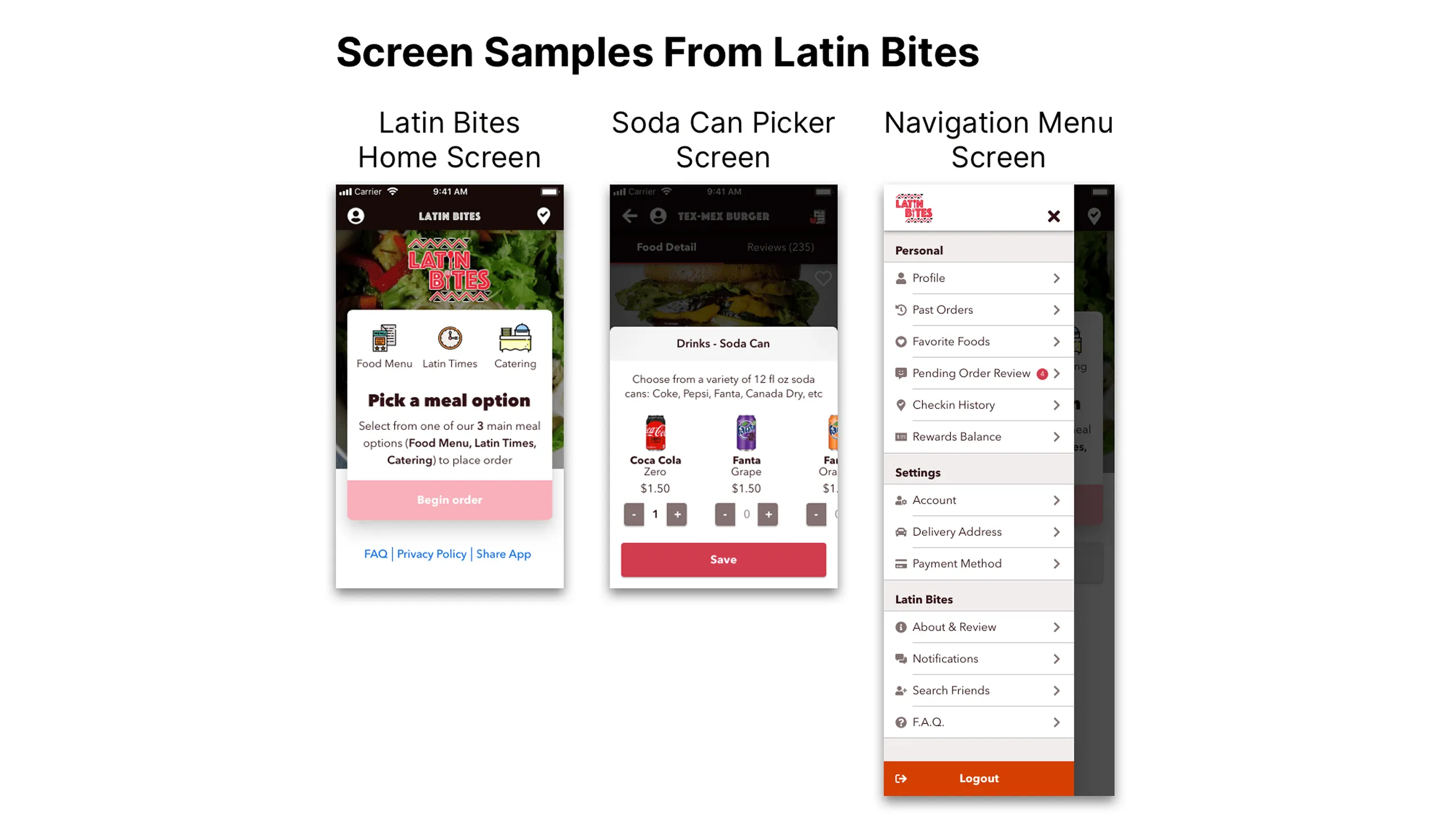 Screenshot of three Latin Bites screens (Home, Soda Can Picker, Navigation Menu) using varied drop shadows.