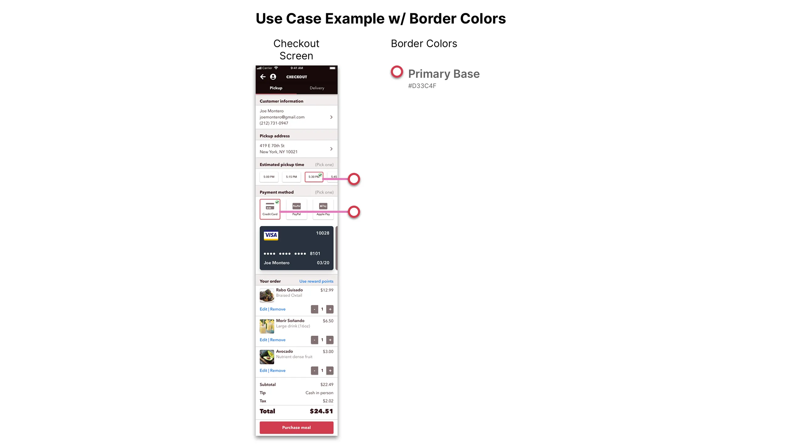 Screenshot of Checkout screen with annotated border colors and hex codes.