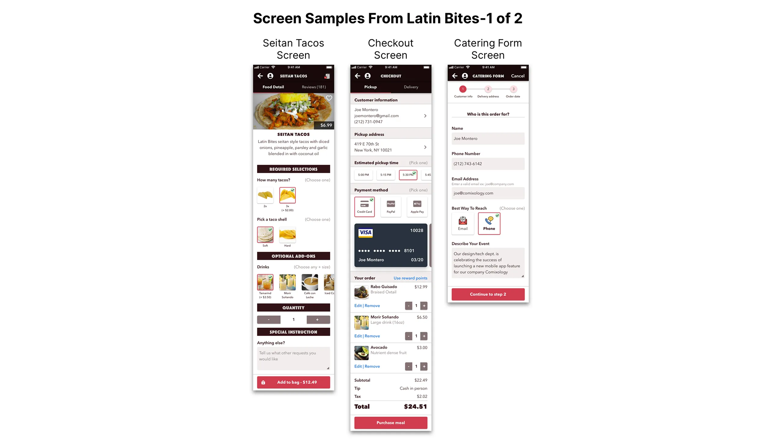 Screenshot of Seitan Tacos, Checkout, and Catering Form screens using different border colors.