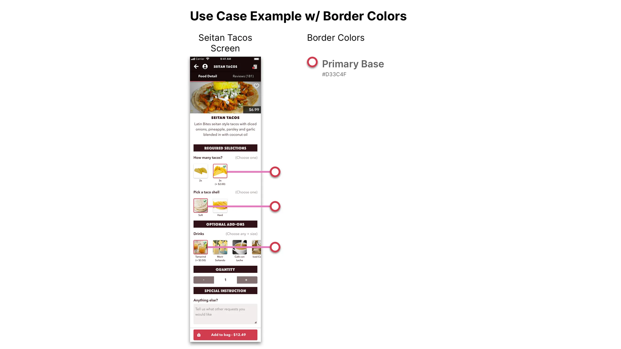 Screenshot of Seitan Tacos screen with border color annotations and hex values.
