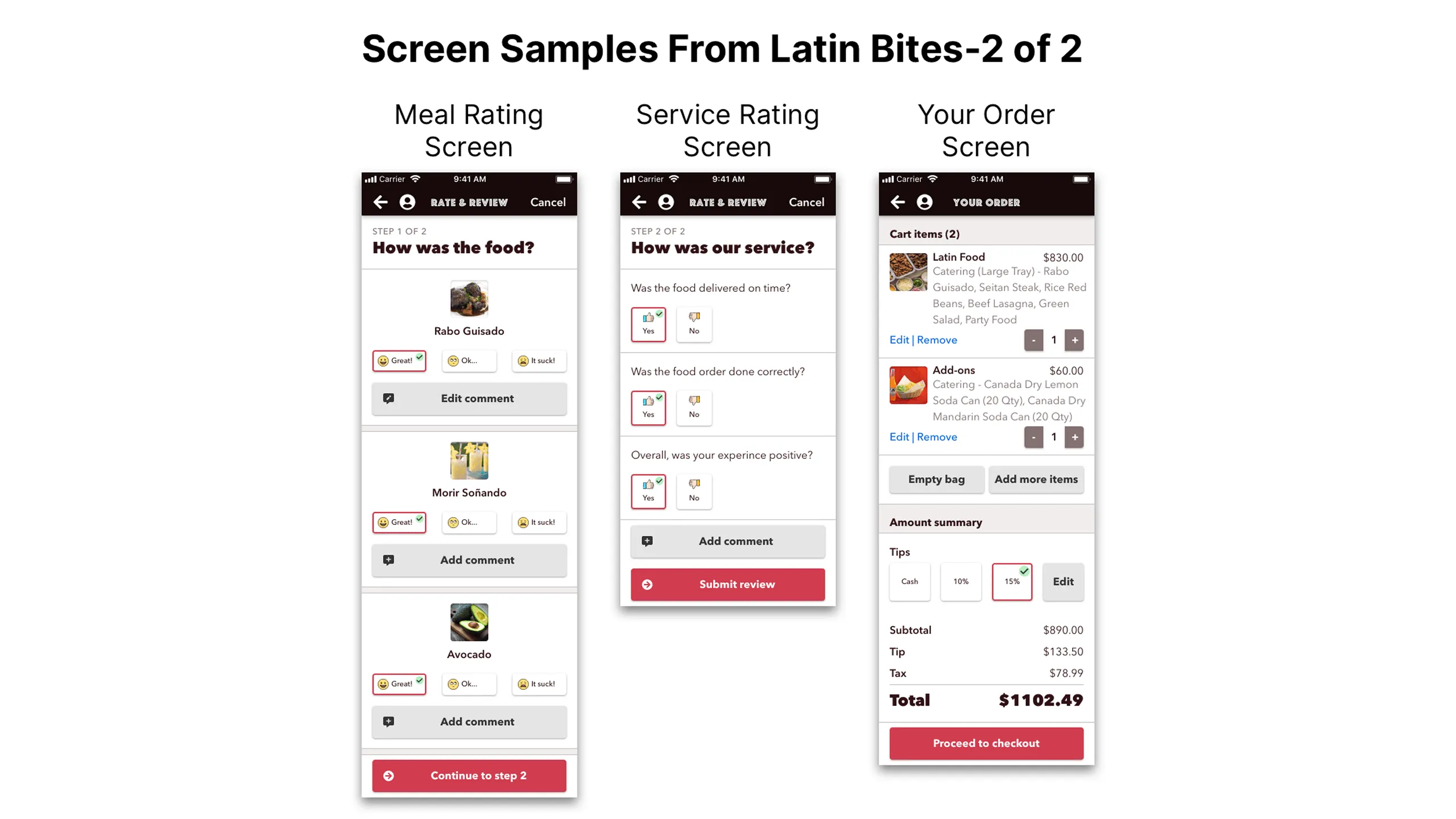 Screenshot of Meal Rating, Service Rating, and Your Order screens using border styles.