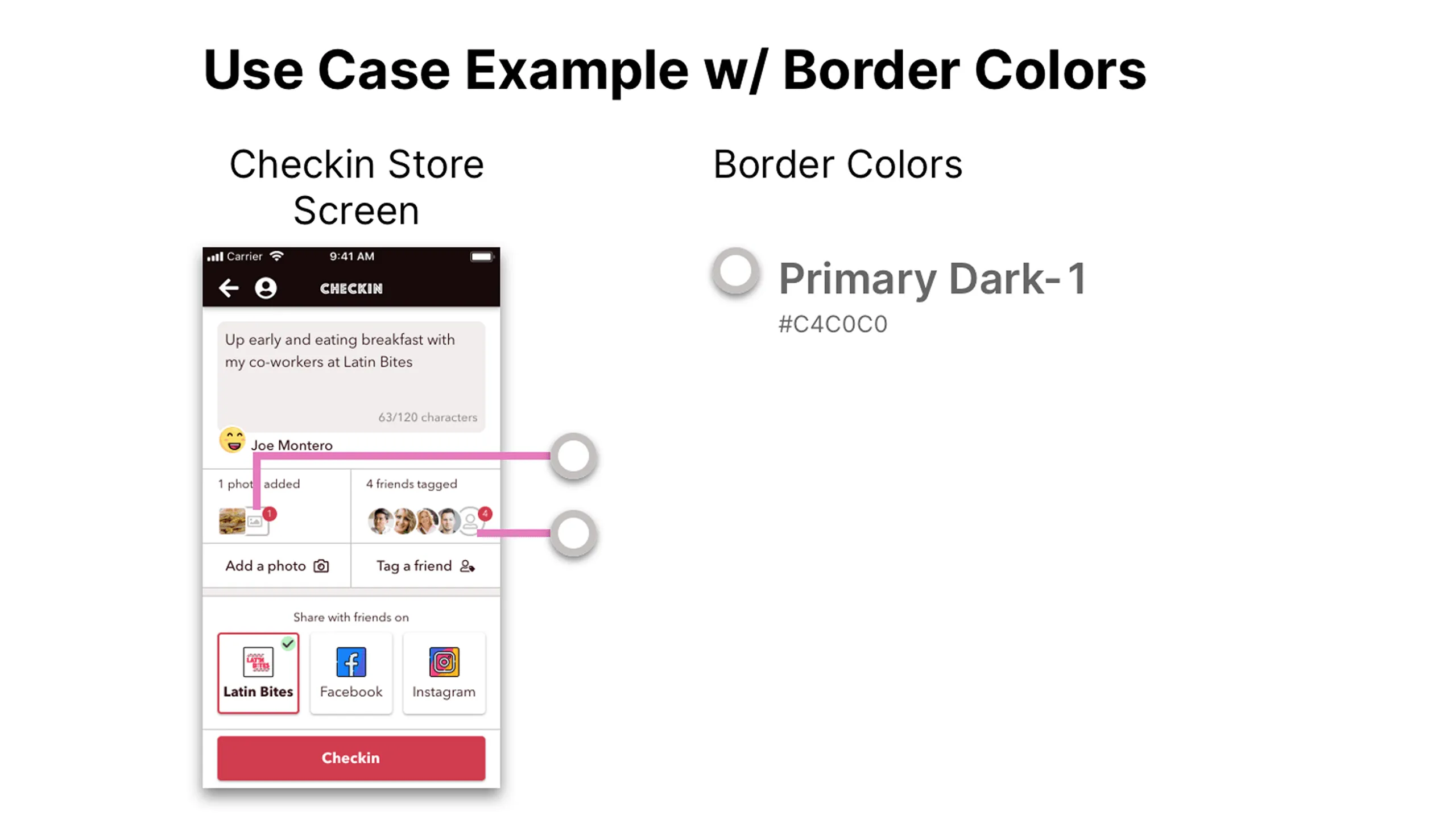 Screenshot of Checkin Store screen with annotated border colors and hex values.