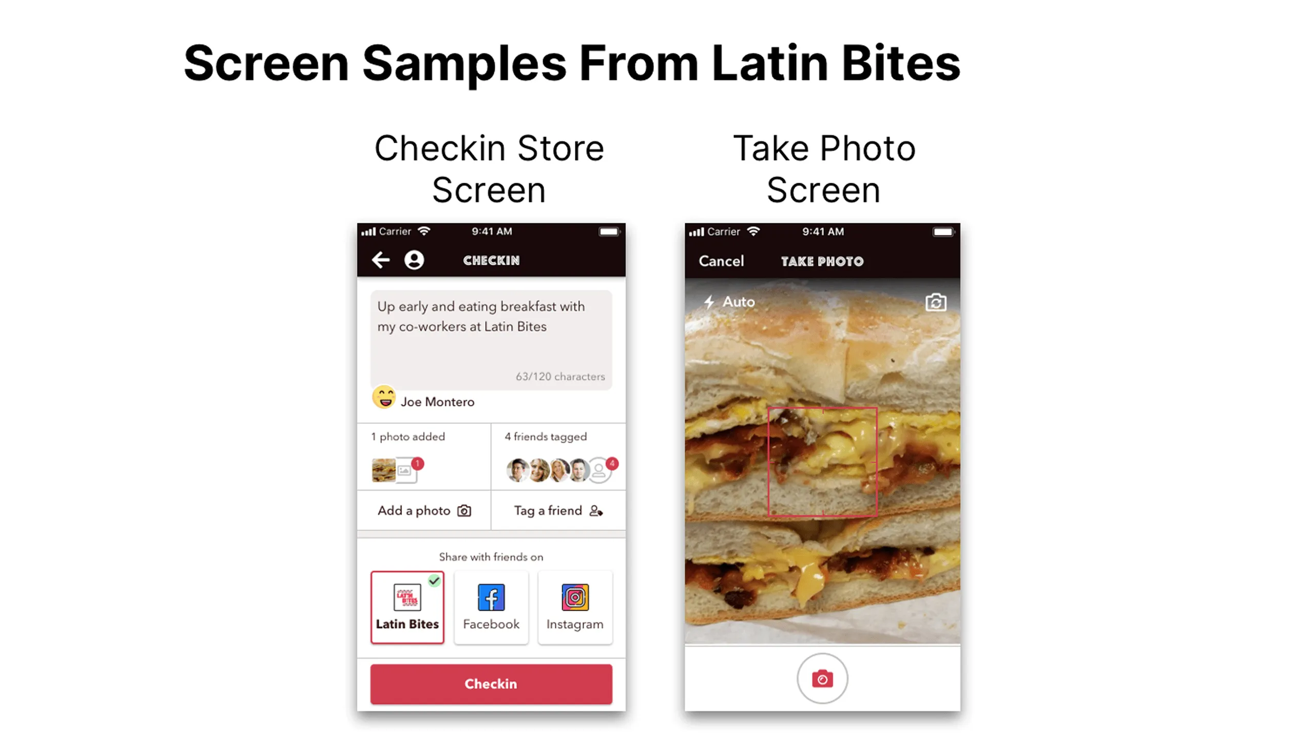 Screenshot of Checkin Store and Take Photo screens using border colors.