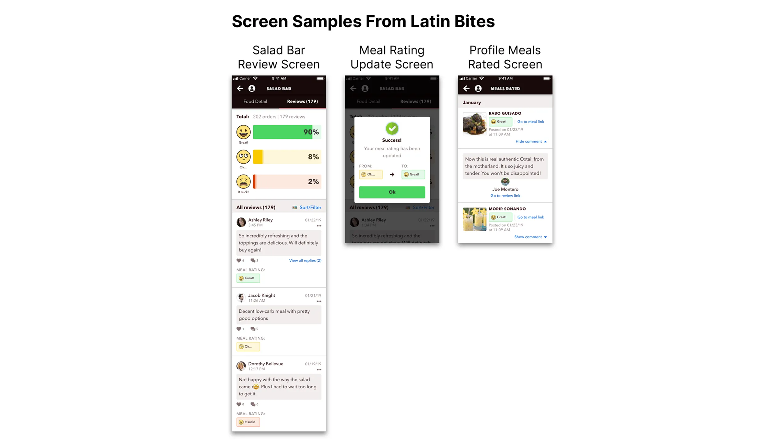 Screenshot of Salad Bar Review, Meal Rating Update, and Profile Meals Rated screens with border styles.