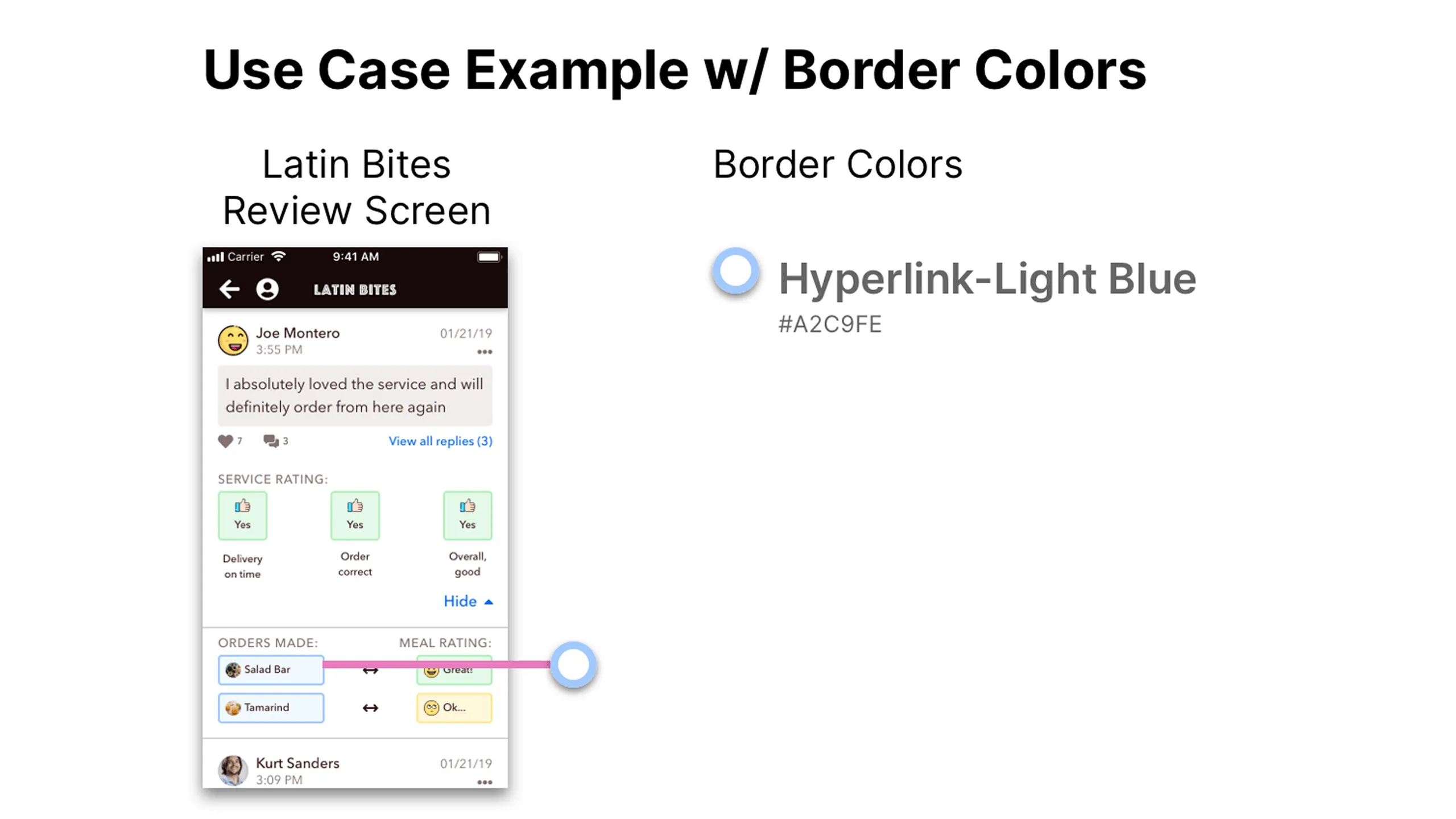 Screenshot of Latin Bites Review screen with annotated border color hex codes.