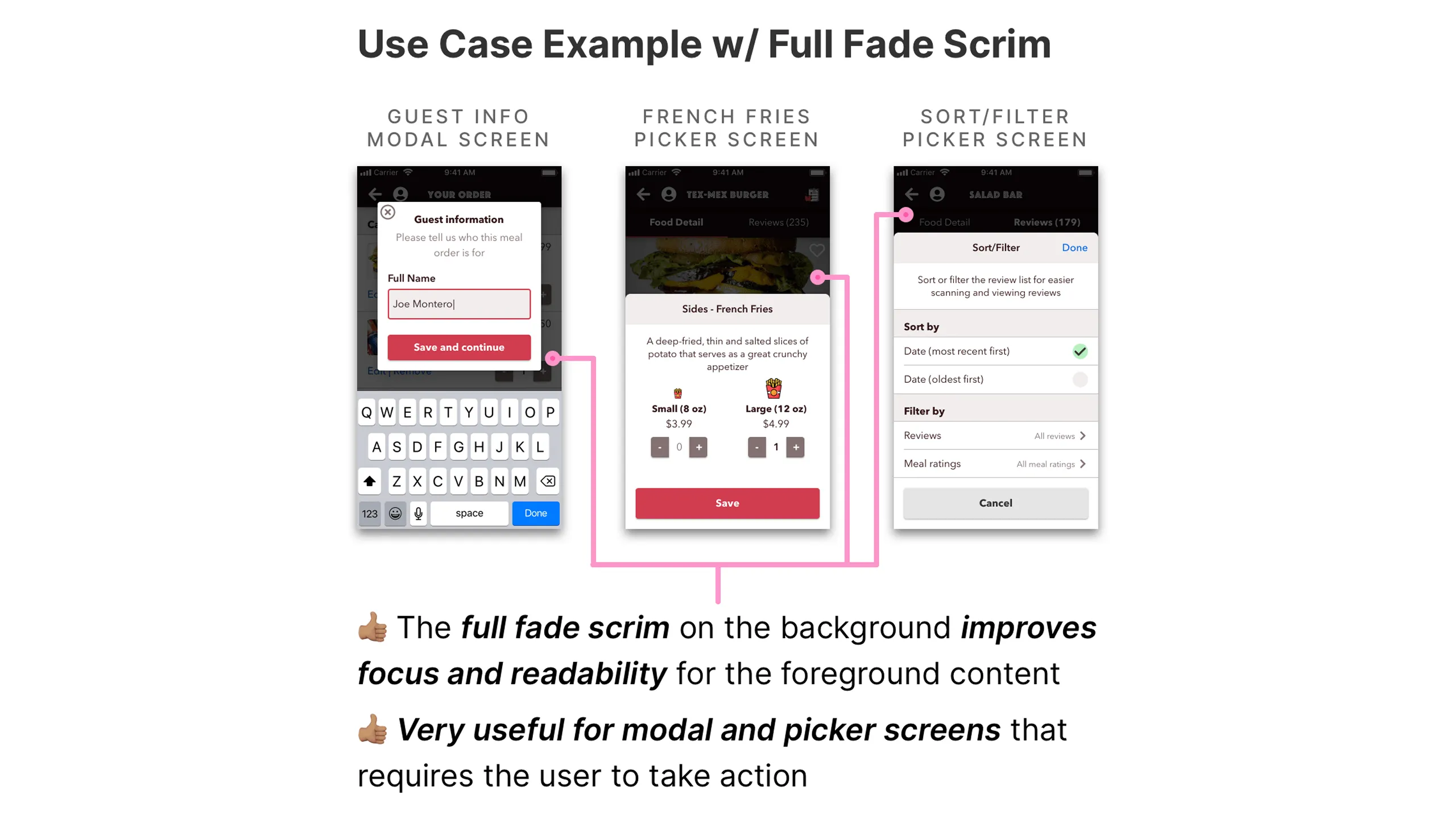 Screenshot of Guest Info Modal, French Fries Picker, and Sort/Filter Picker screens using full fade overlays.