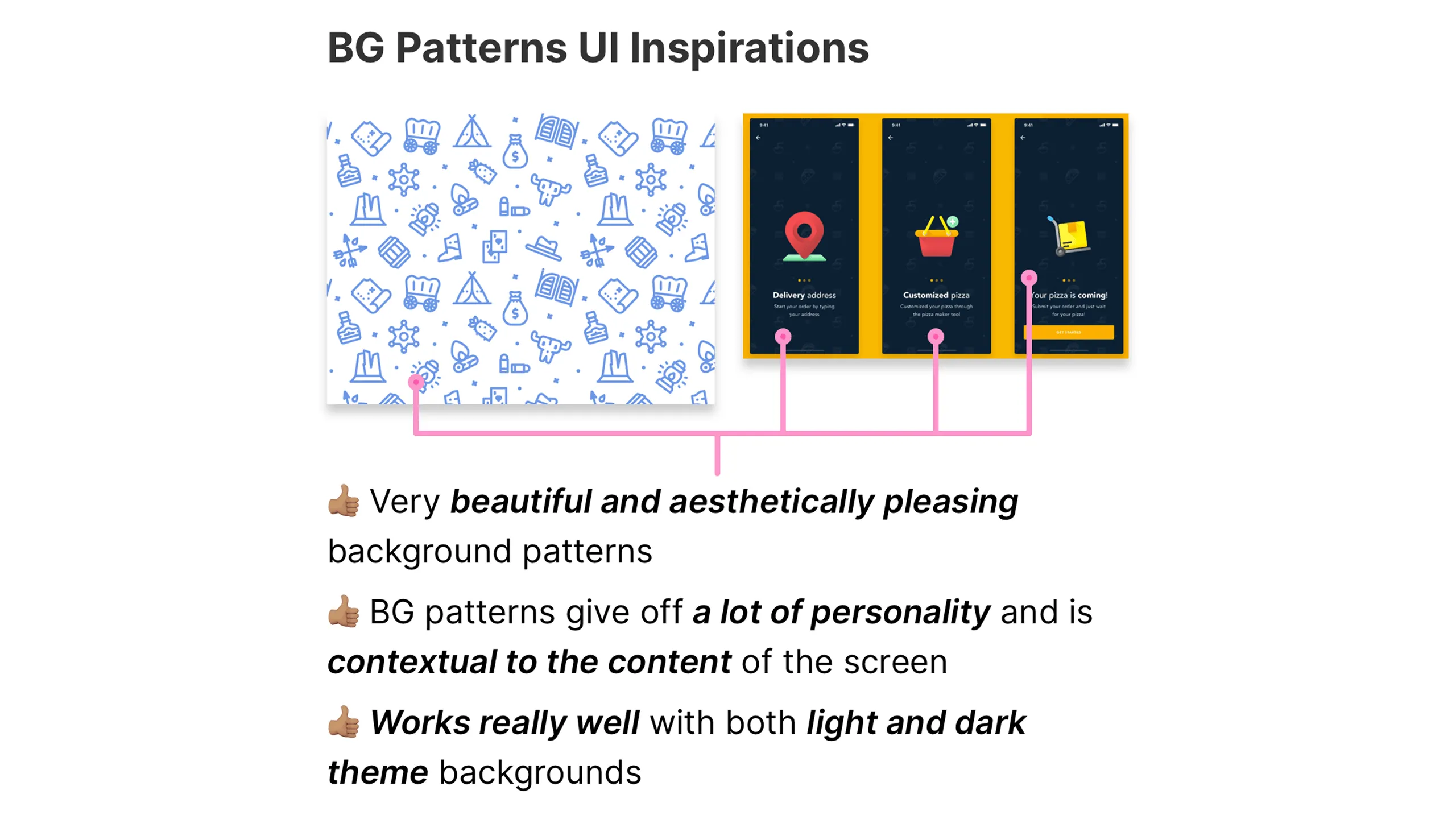 Screenshot of various background pattern UI inspirations with food and abstract motifs.