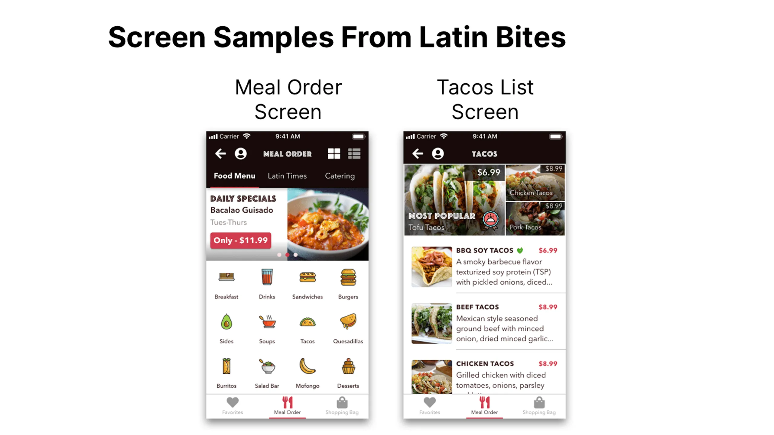 Screenshot of Meal Order and Tacos List screens using floor fade overlays.
