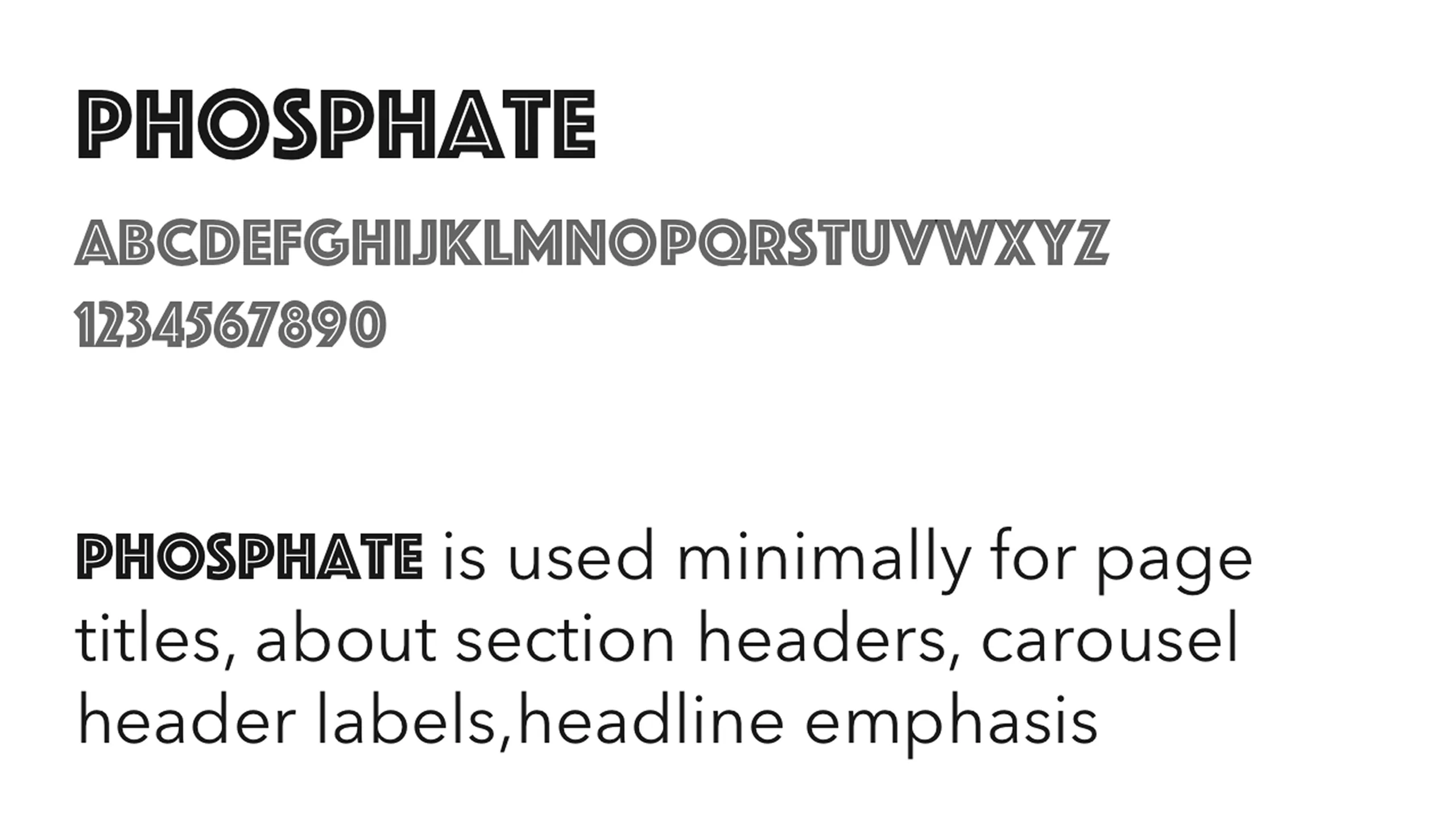 Screenshot of Phosphate typeface with sample text and use case description.