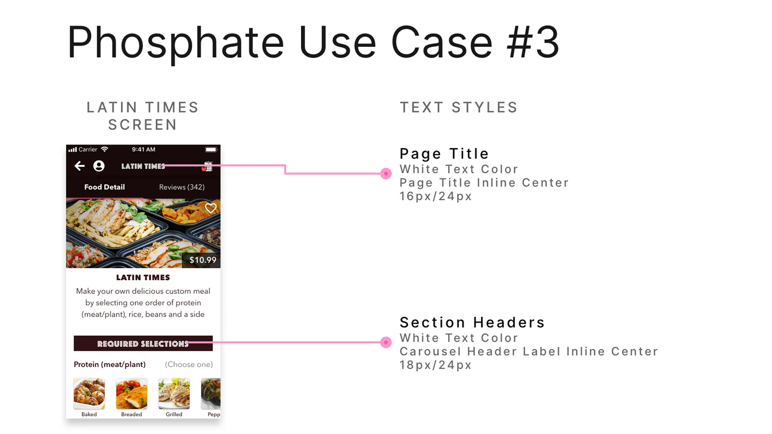 Screenshot of Latin Times screen annotated with Phosphate text styles.