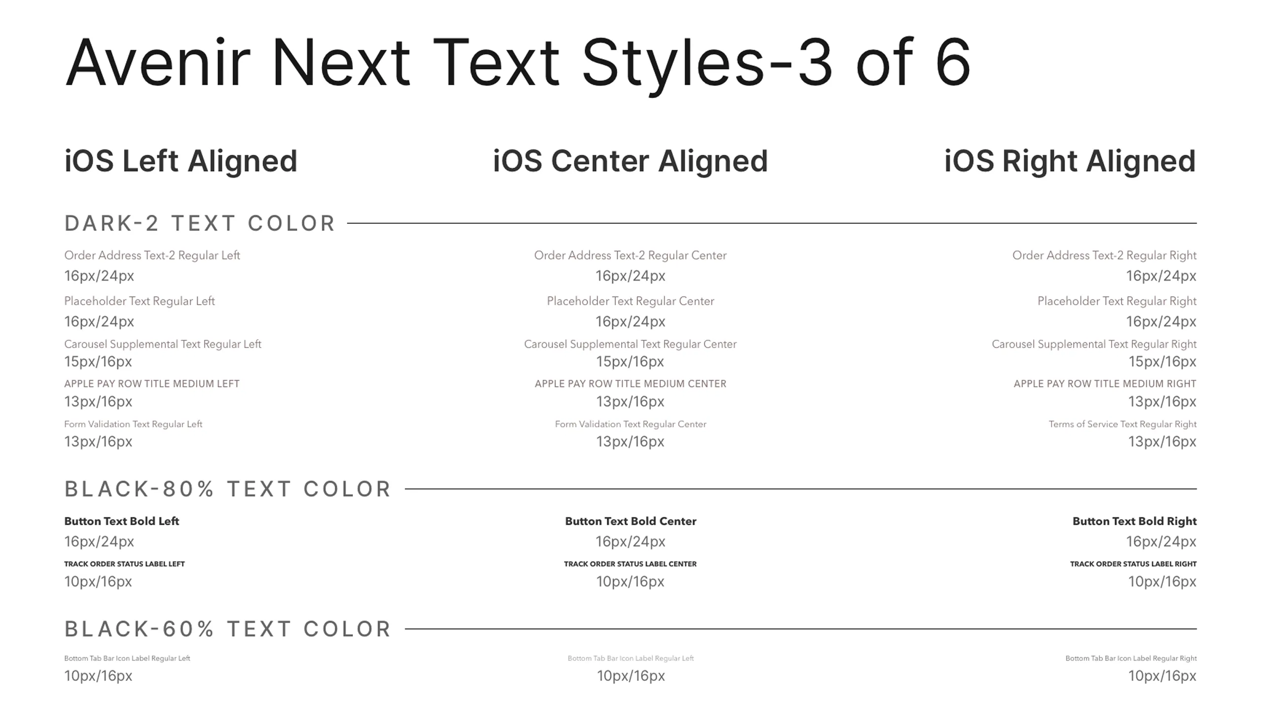 Screenshot of Avenir Next text styles used in Latin Bites app (part 3 of 6).