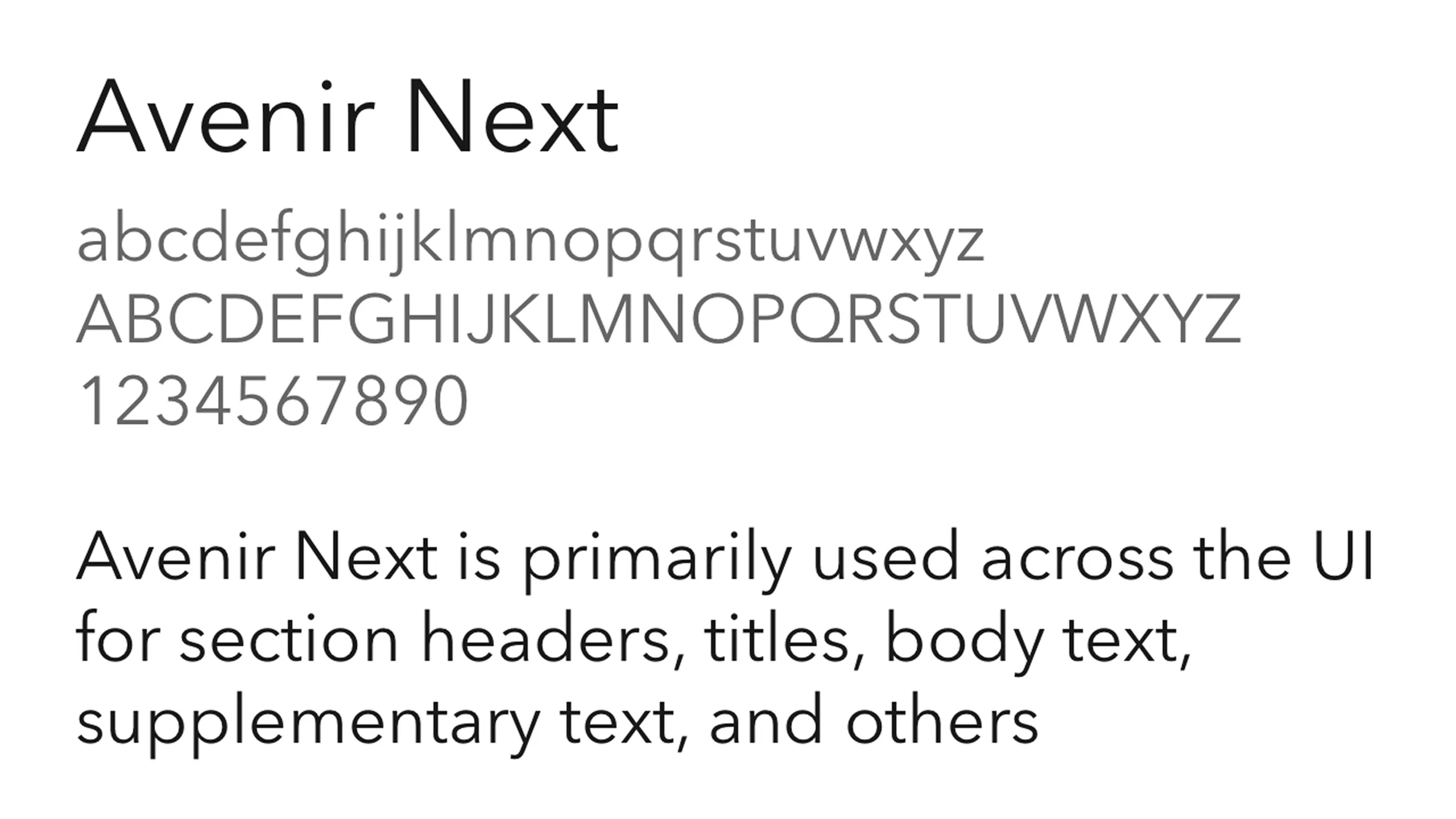 Screenshot of Avenir Next typeface with sample text and its use in the Latin Bites app.