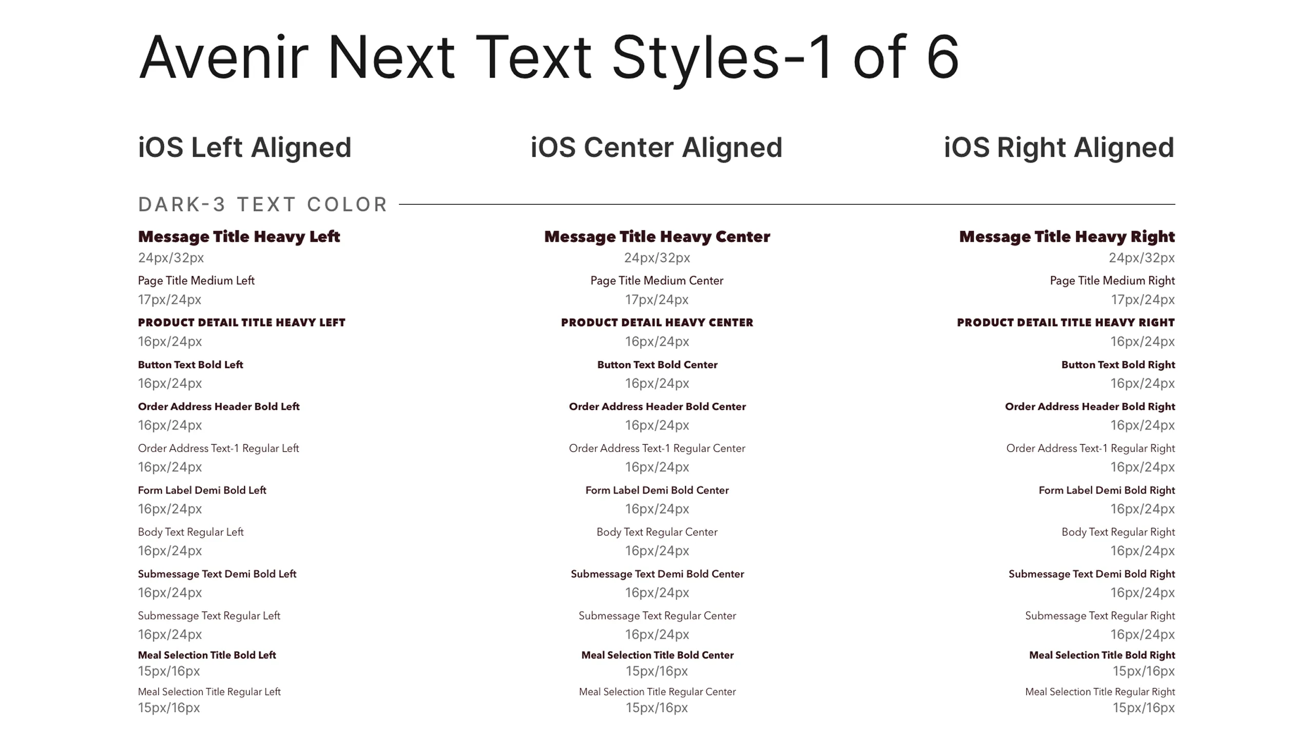 Screenshot of Avenir Next text styles used in Latin Bites app (part 1 of 6).