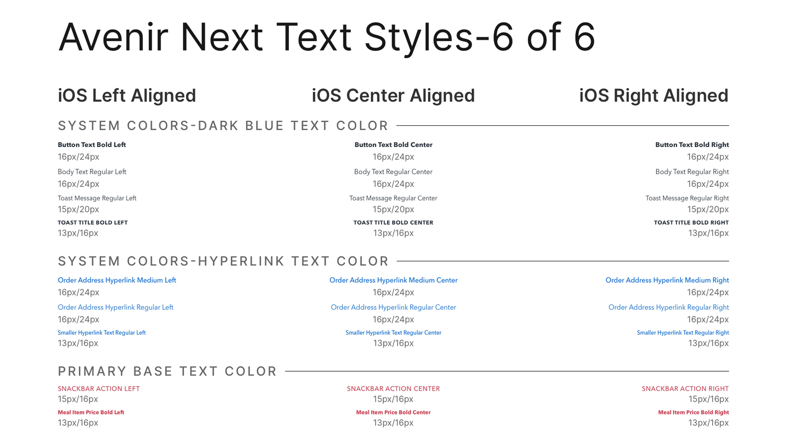 Screenshot of Avenir Next text styles used in Latin Bites app (part 6 of 6).