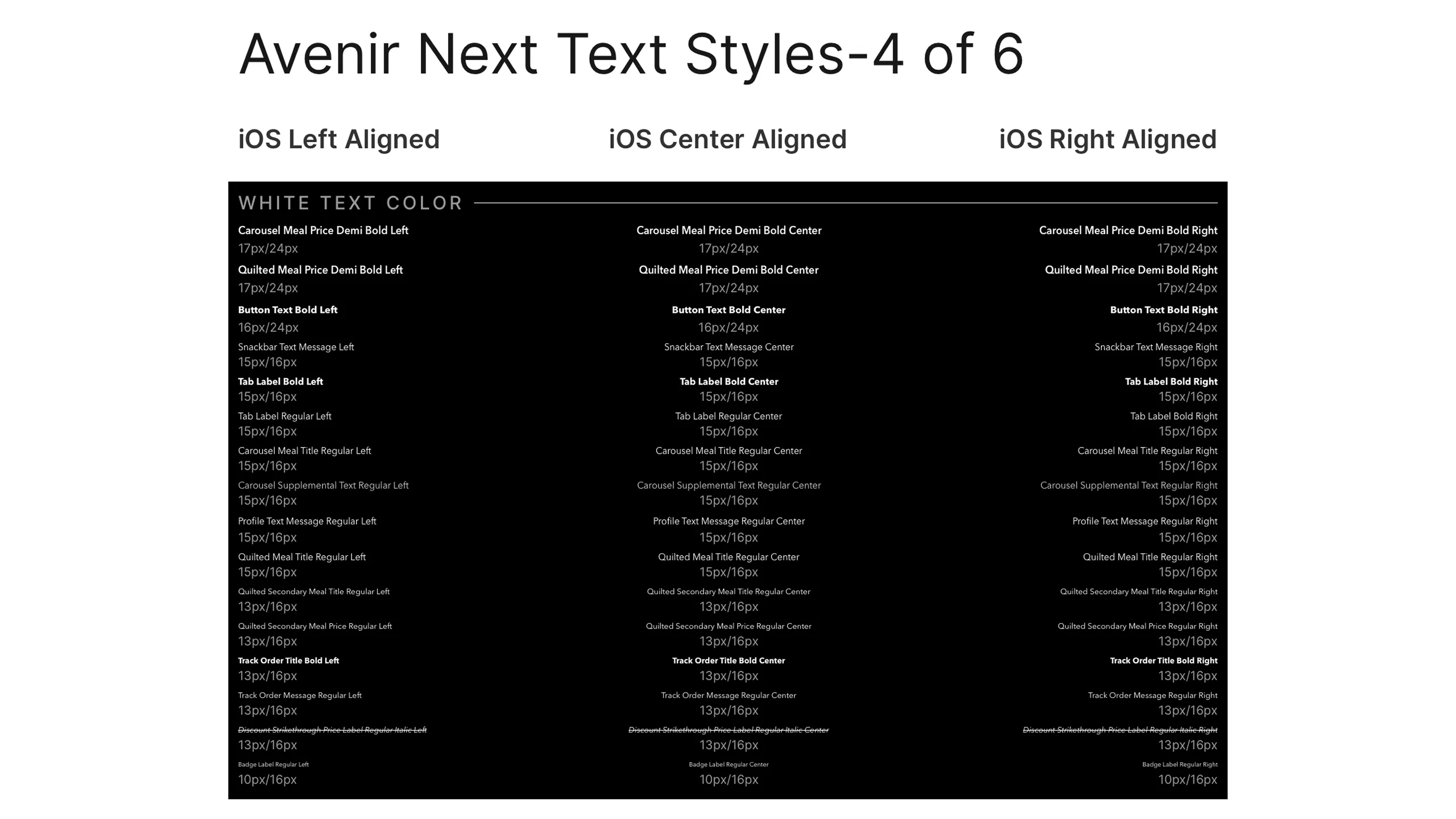 Screenshot of Avenir Next text styles used in Latin Bites app (part 4 of 6).