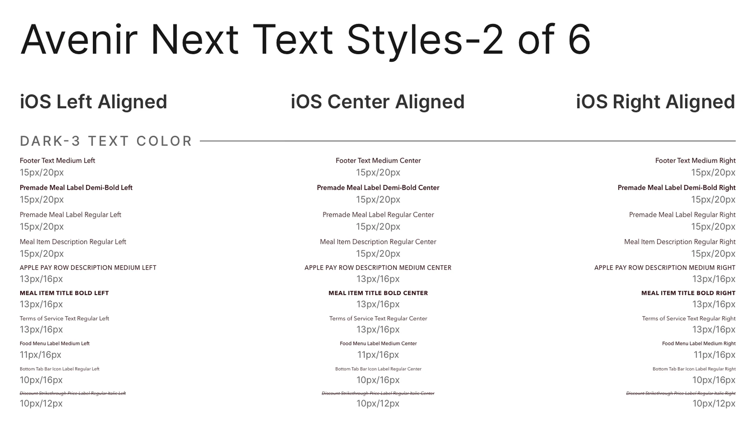 Screenshot of Avenir Next text styles used in Latin Bites app (part 2 of 6).