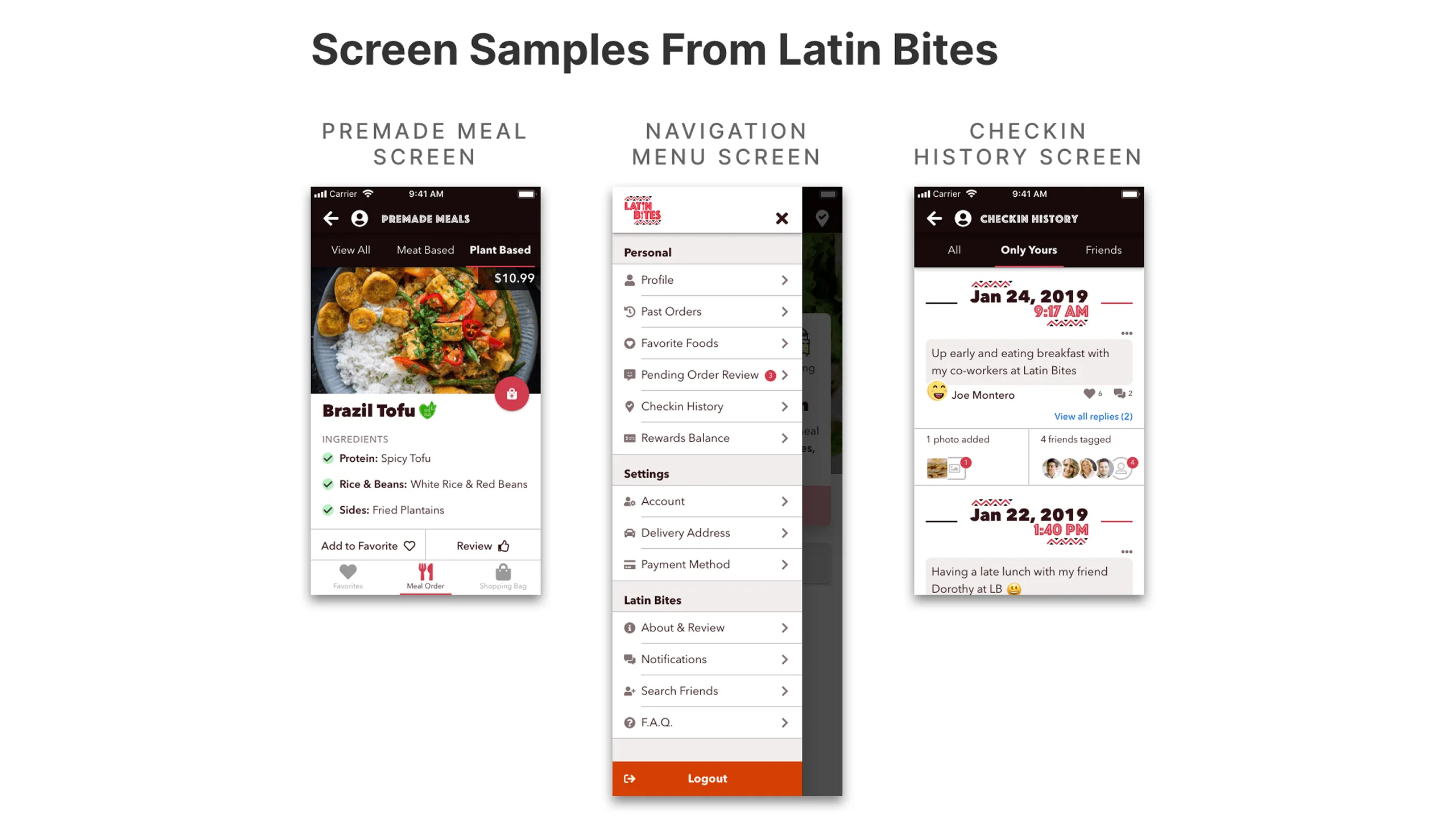 Screenshot of Premade Meal, Navigation Menu, and Check-in History screens using Font Awesome Pro icons.