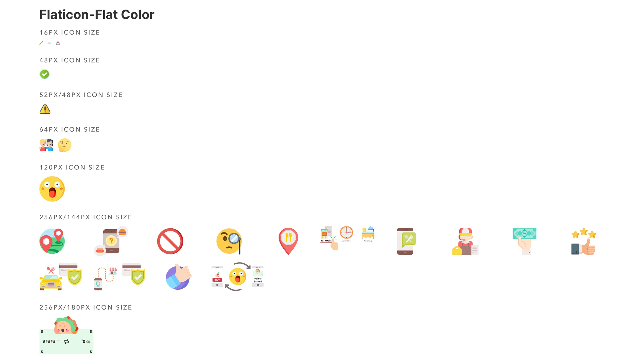 Screenshot of Flaticons Flat Color style icons in various standard sizes.