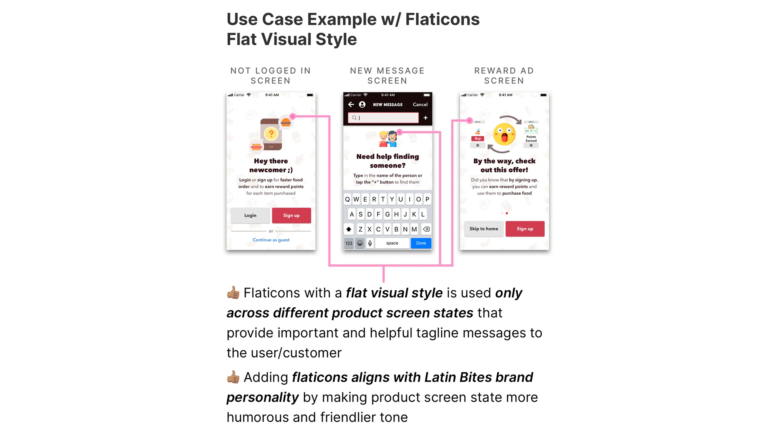 Screenshot of Not Logged In, New Message, and Reward Ad screens using Flat Color Flaticons.