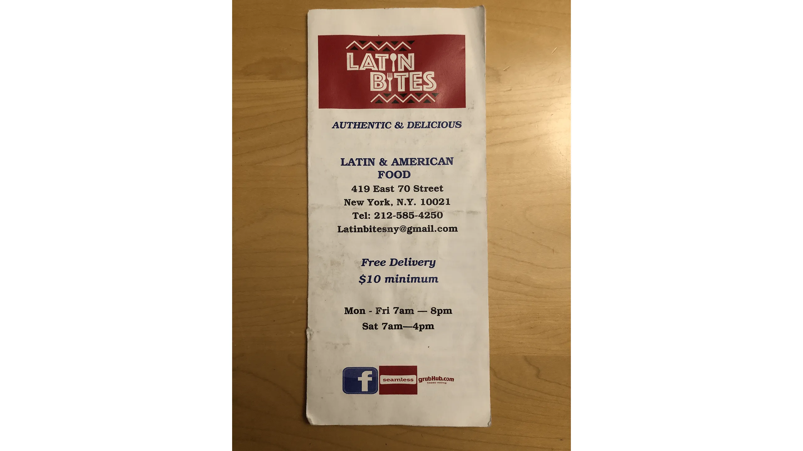 Screenshot of Latin Bites closed front cover of the food menu brochure.